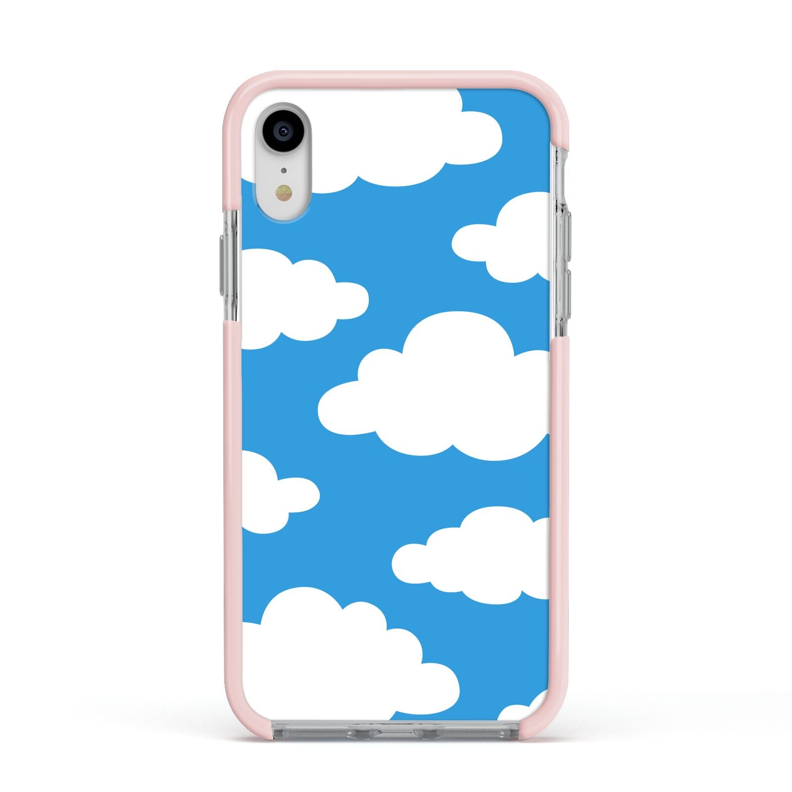 Cartoon Clouds and Blue Sky Apple iPhone XR Impact Case Pink Edge on Silver Phone