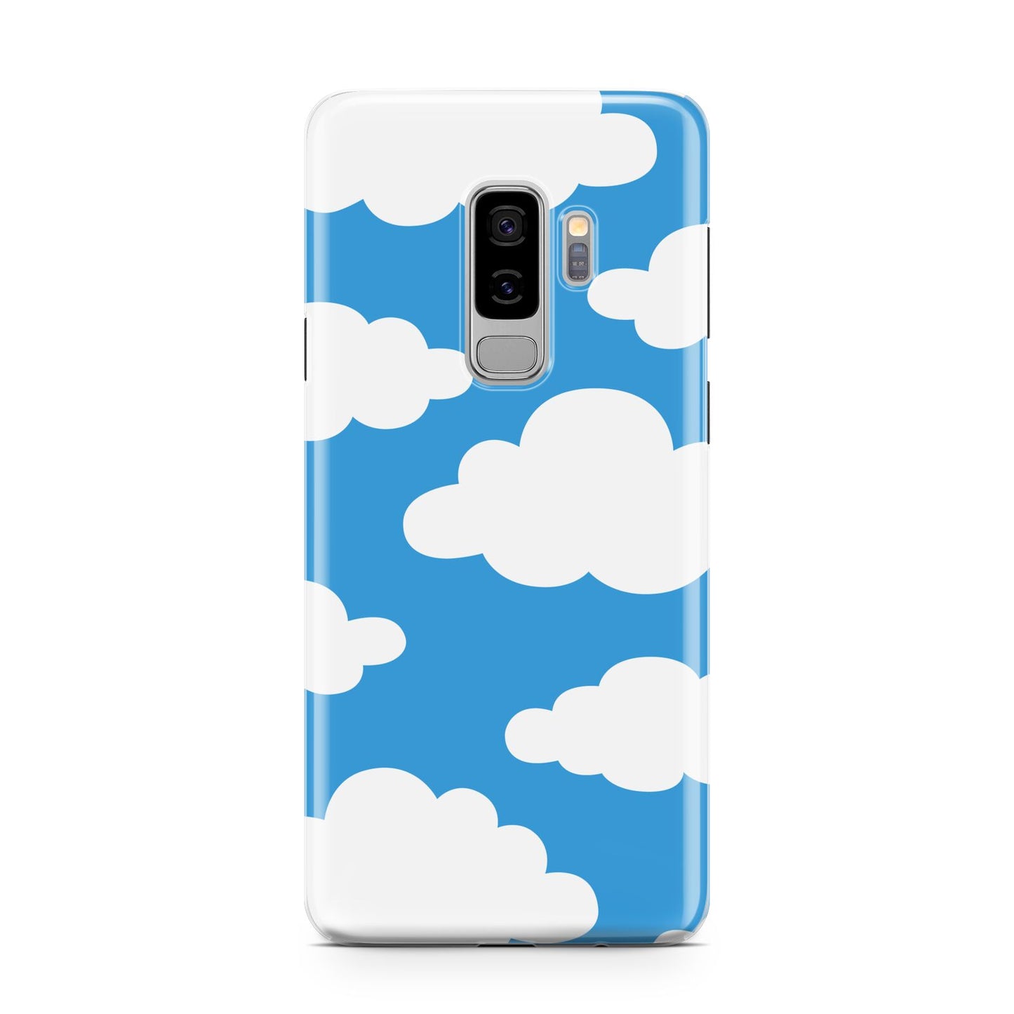Cartoon Clouds and Blue Sky Samsung Galaxy S9 Plus Case on Silver phone