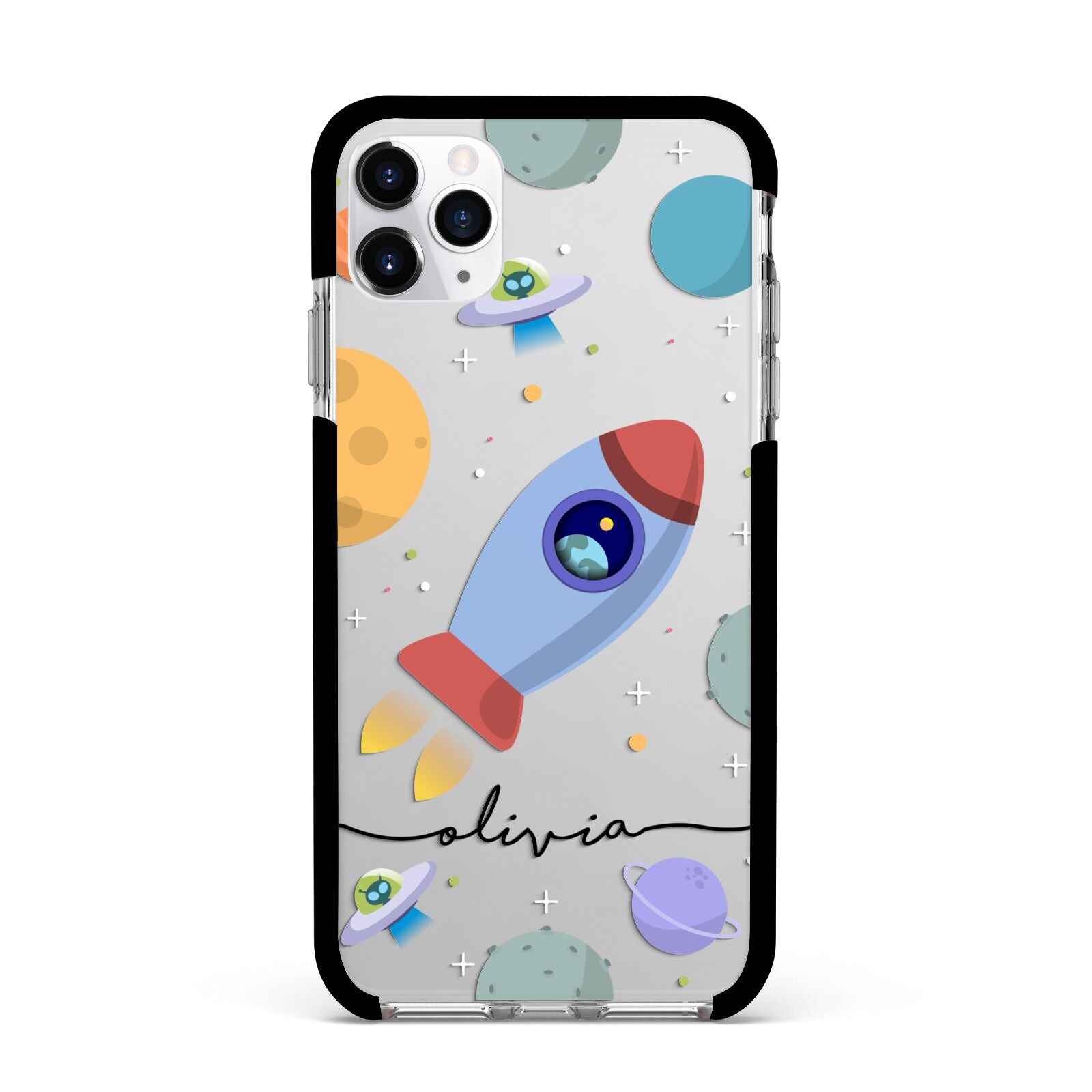 Cartoon Space Artwork with Name Apple iPhone 11 Pro Max in Silver with Black Impact Case