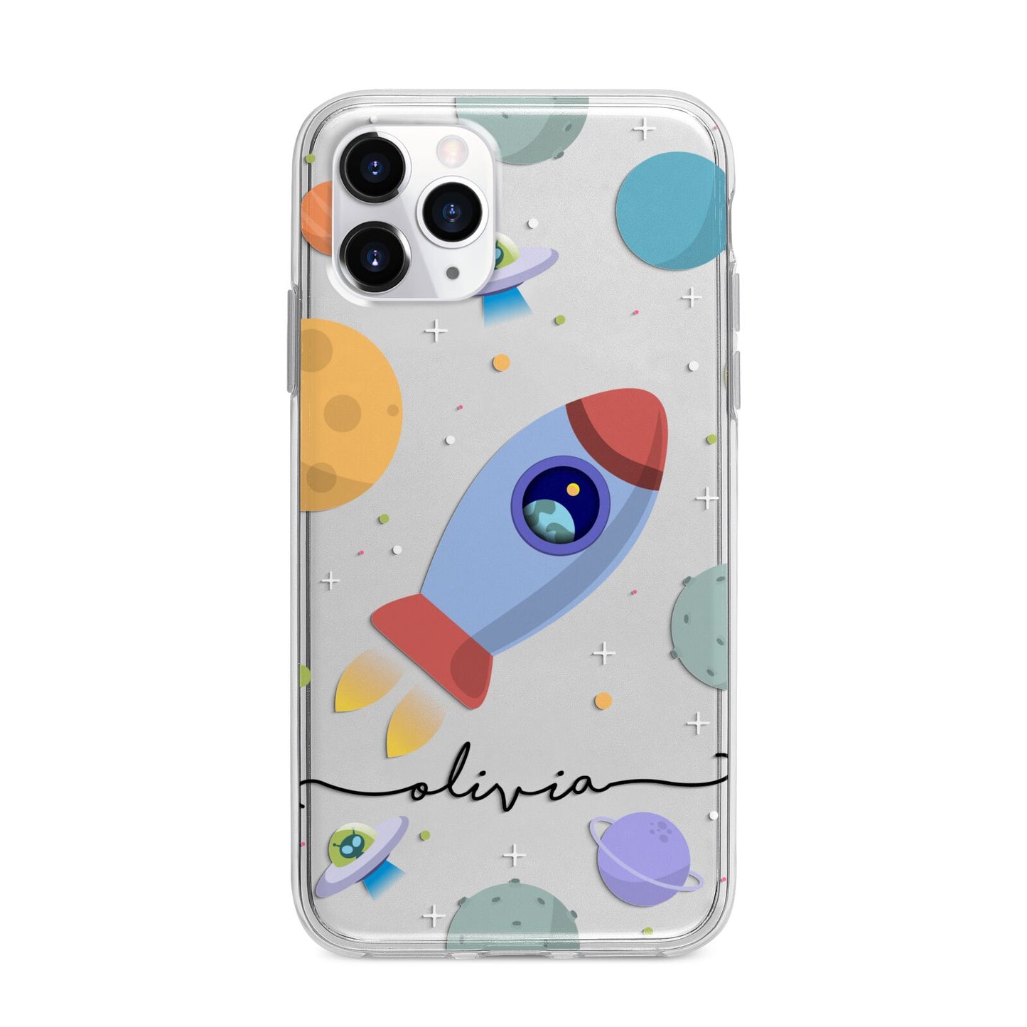 Cartoon Space Artwork with Name Apple iPhone 11 Pro Max in Silver with Bumper Case