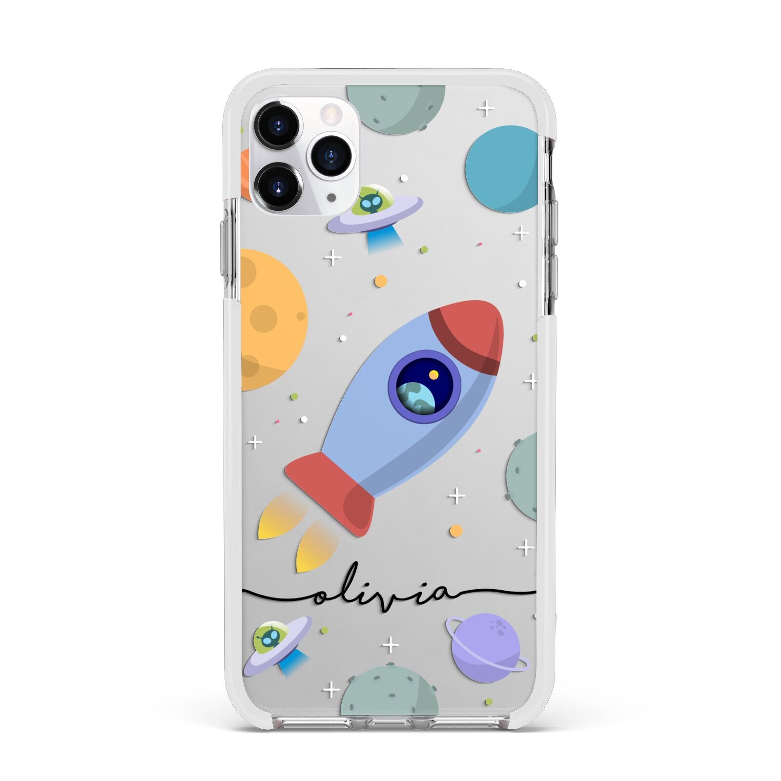 Cartoon Space Artwork with Name Apple iPhone 11 Pro Max in Silver with White Impact Case