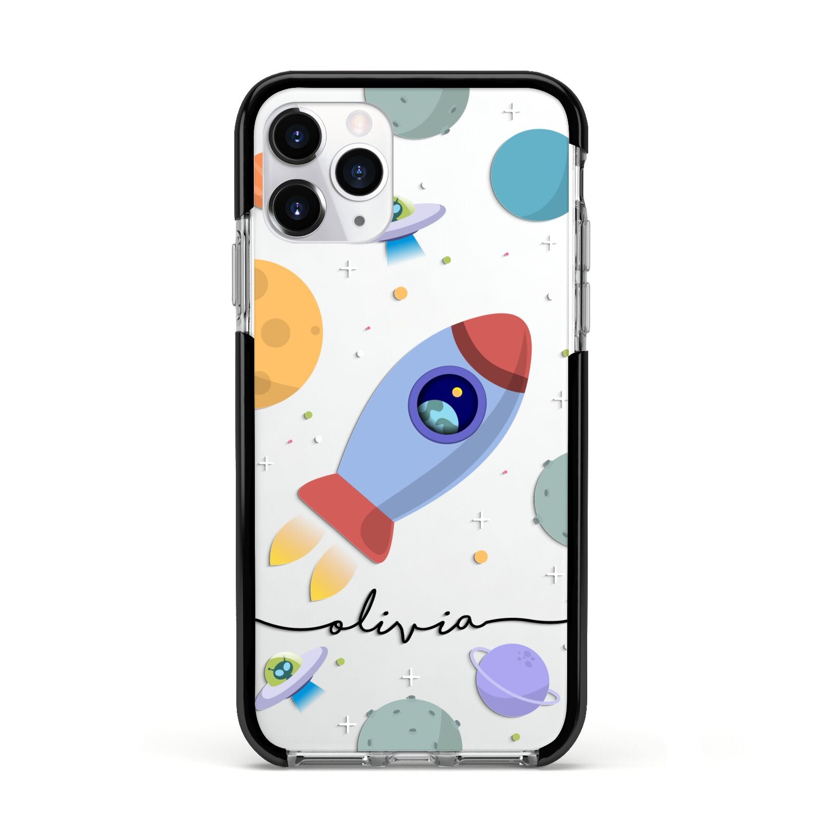 Cartoon Space Artwork with Name Apple iPhone 11 Pro in Silver with Black Impact Case