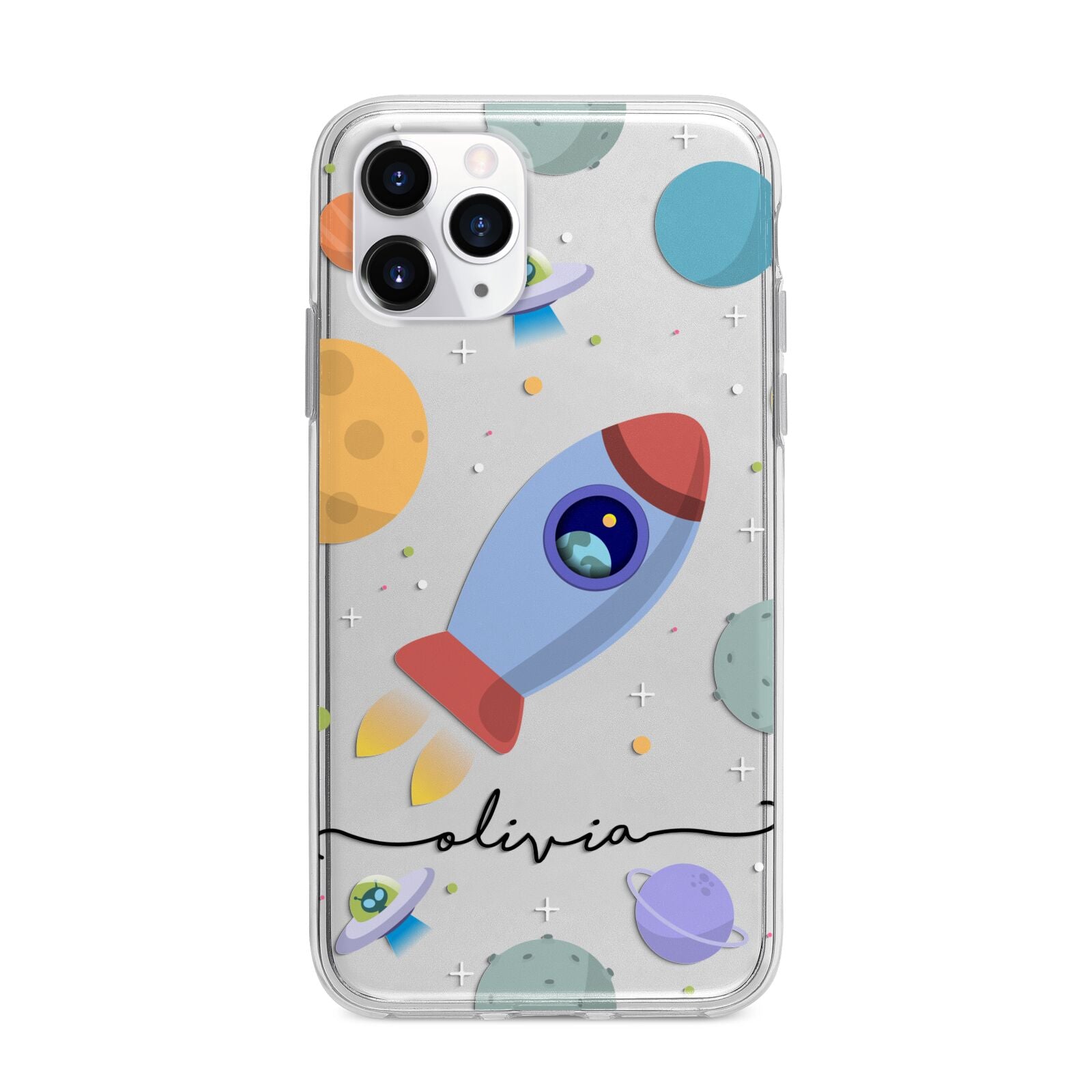 Cartoon Space Artwork with Name Apple iPhone 11 Pro in Silver with Bumper Case