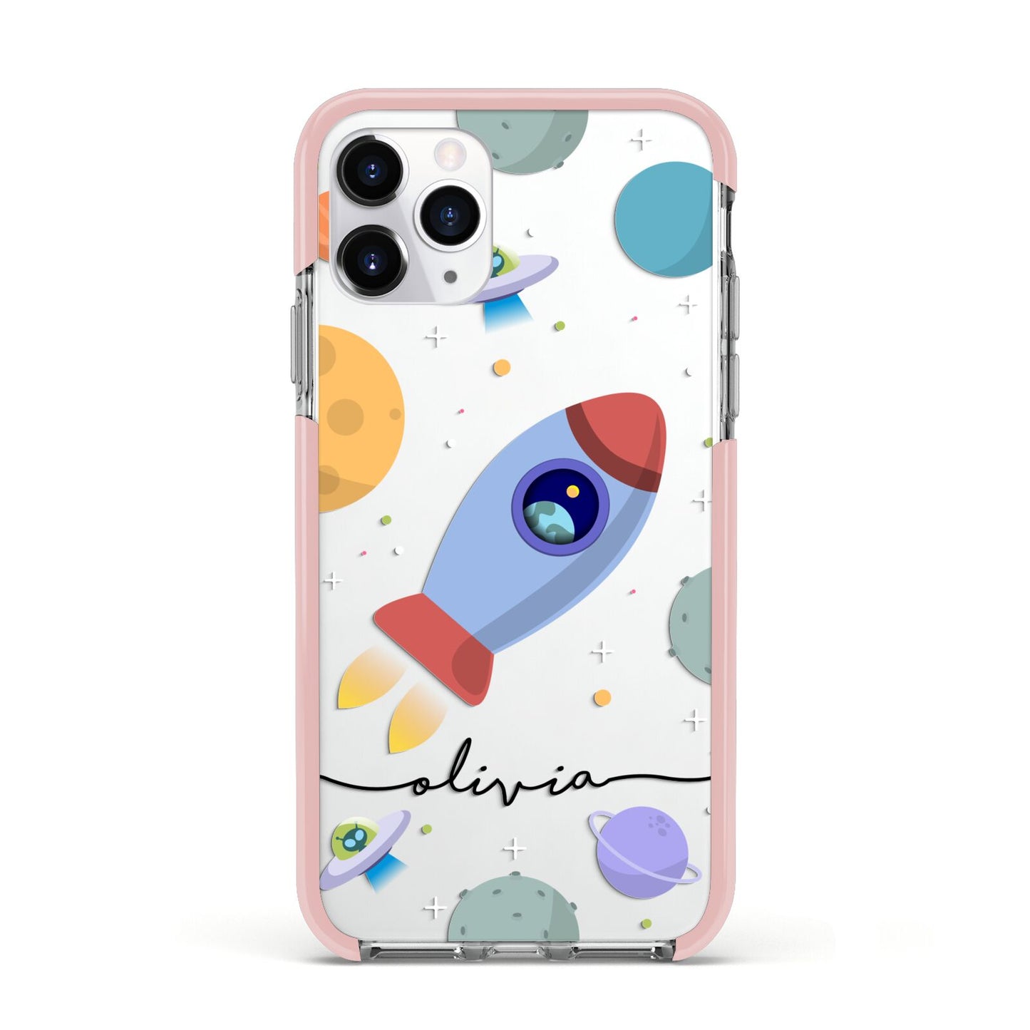 Cartoon Space Artwork with Name Apple iPhone 11 Pro in Silver with Pink Impact Case