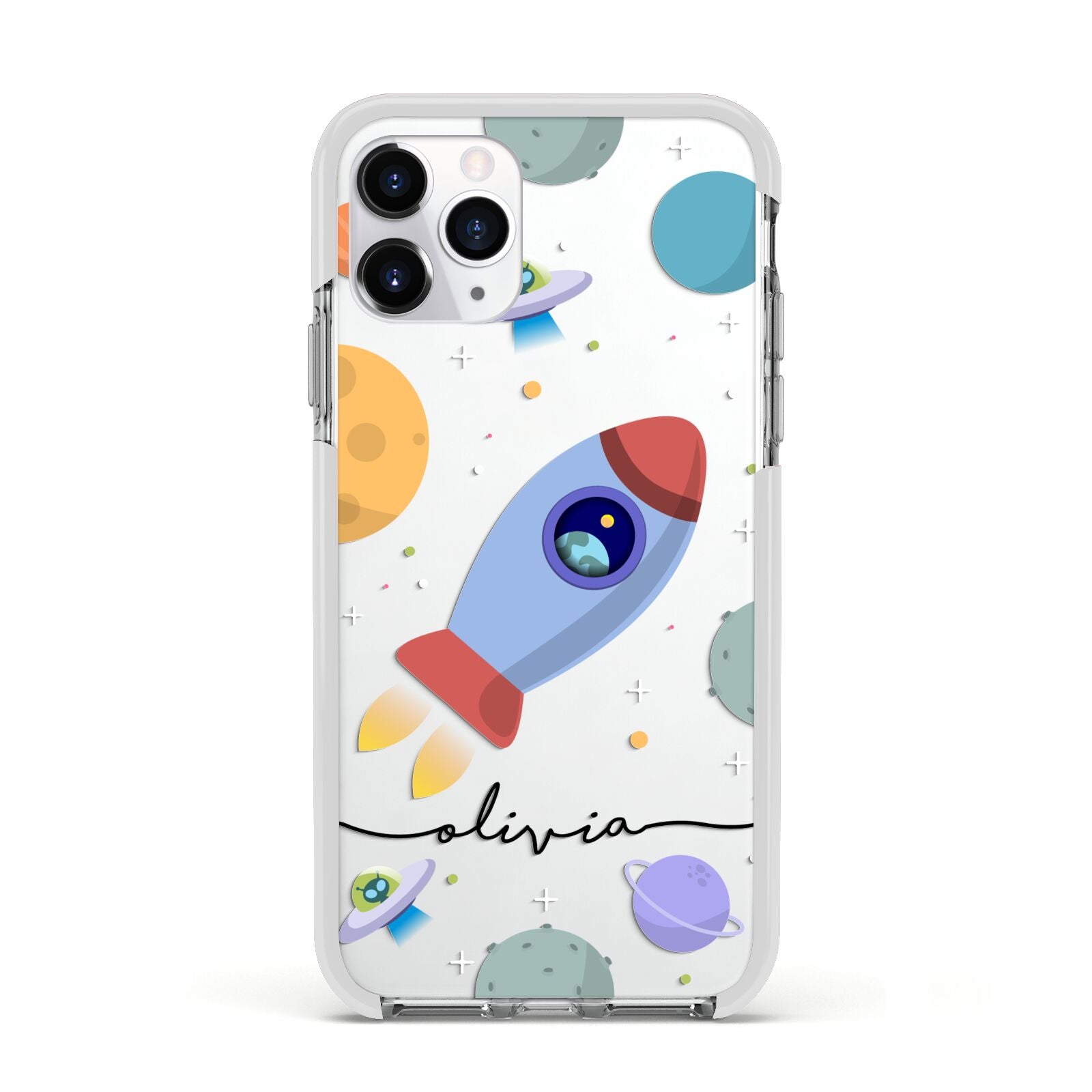Cartoon Space Artwork with Name Apple iPhone 11 Pro in Silver with White Impact Case