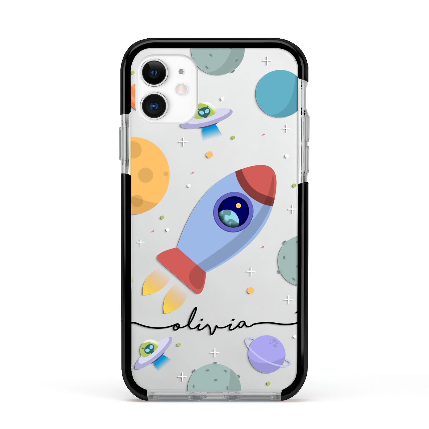 Cartoon Space Artwork with Name Apple iPhone 11 in White with Black Impact Case