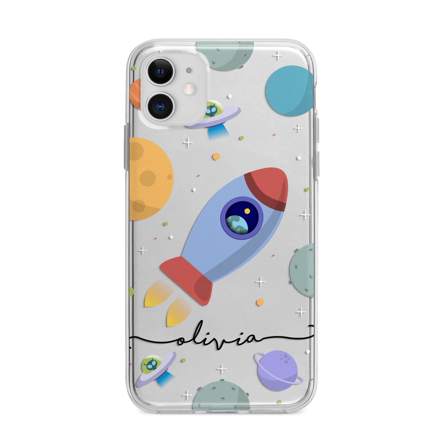 Cartoon Space Artwork with Name Apple iPhone 11 in White with Bumper Case