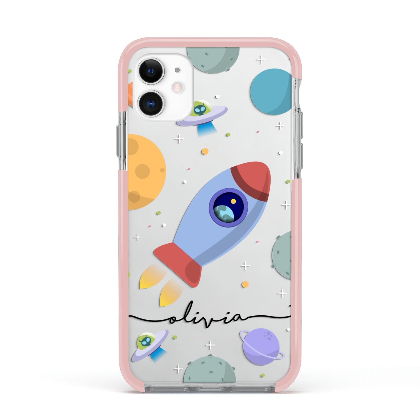 Cartoon Space Artwork with Name Apple iPhone 11 in White with Pink Impact Case