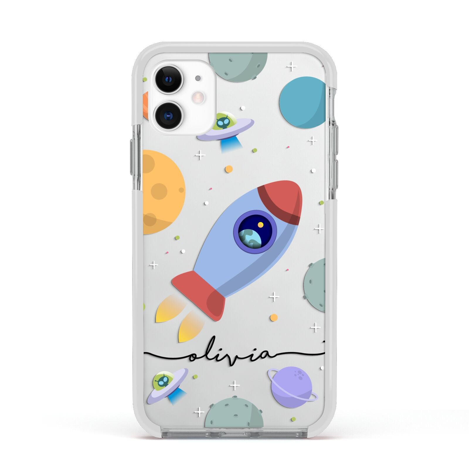 Cartoon Space Artwork with Name Apple iPhone 11 in White with White Impact Case