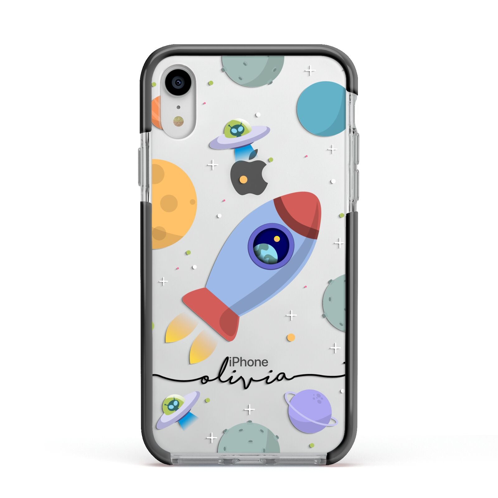 Cartoon Space Artwork with Name Apple iPhone XR Impact Case Black Edge on Silver Phone
