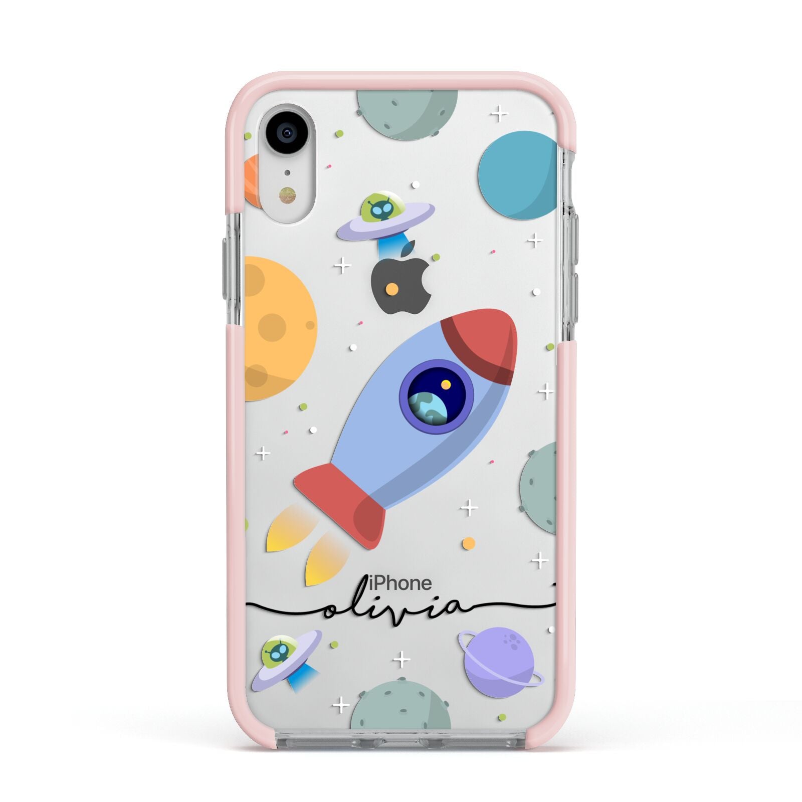Cartoon Space Artwork with Name Apple iPhone XR Impact Case Pink Edge on Silver Phone