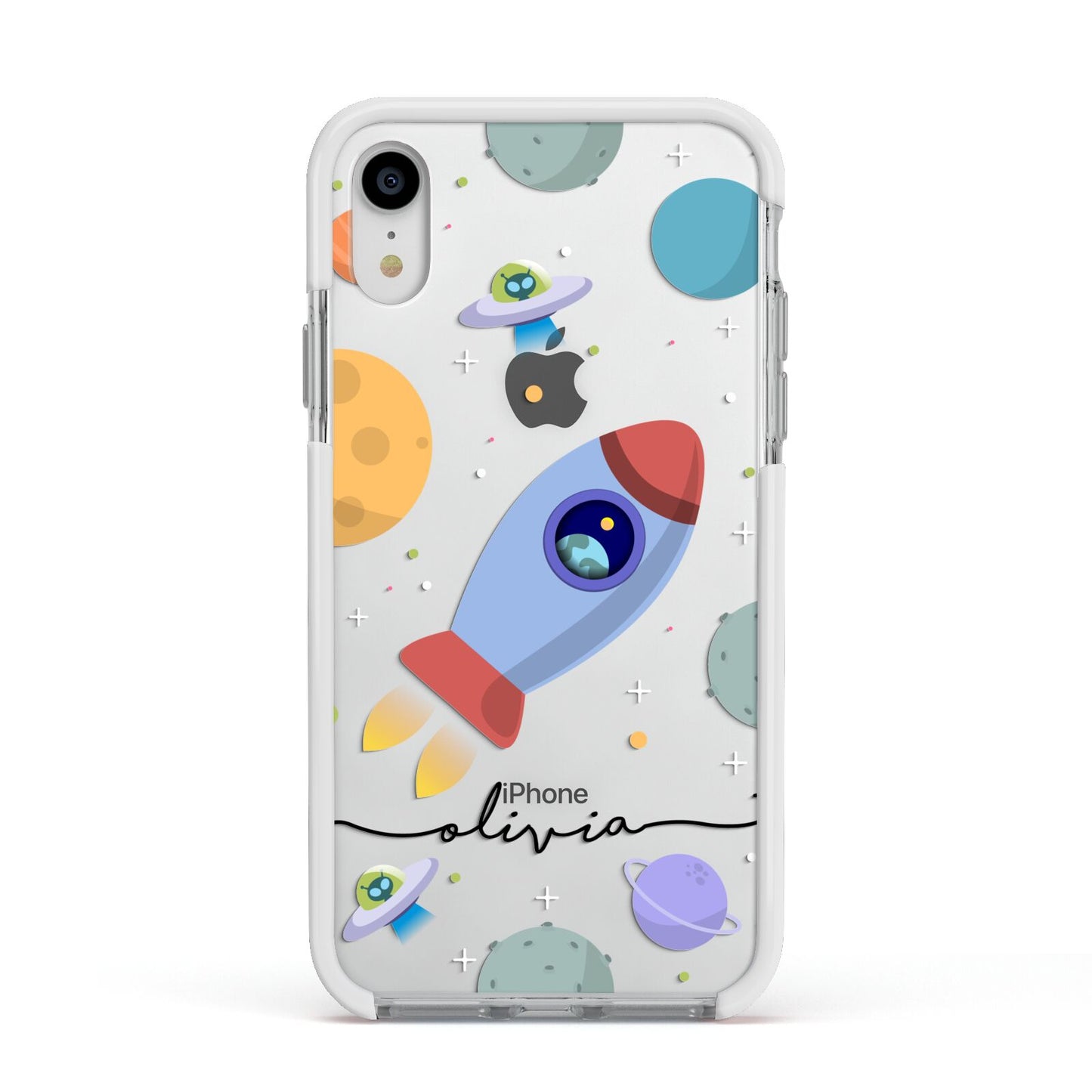 Cartoon Space Artwork with Name Apple iPhone XR Impact Case White Edge on Silver Phone