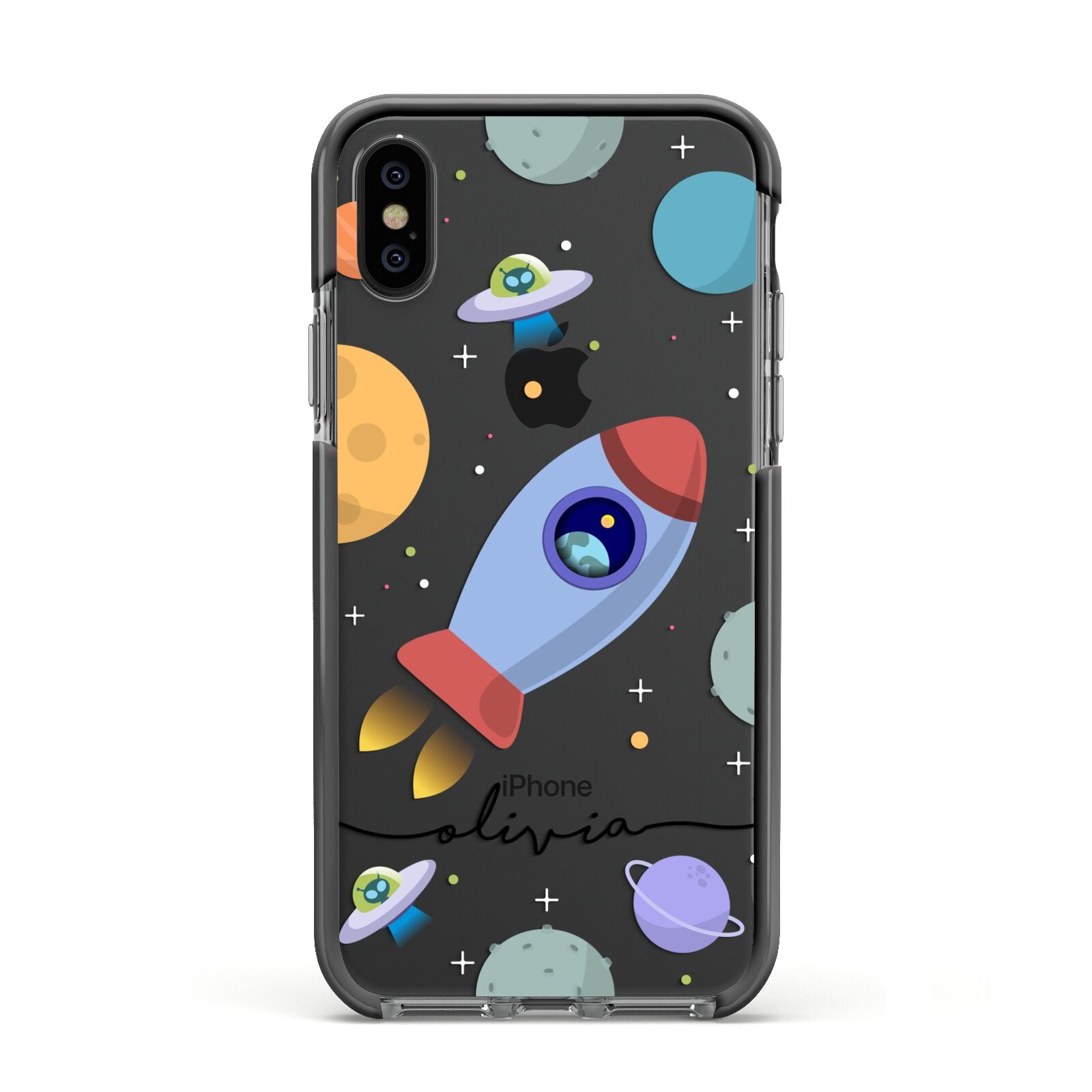 Cartoon Space Artwork with Name Apple iPhone Xs Impact Case Black Edge on Black Phone