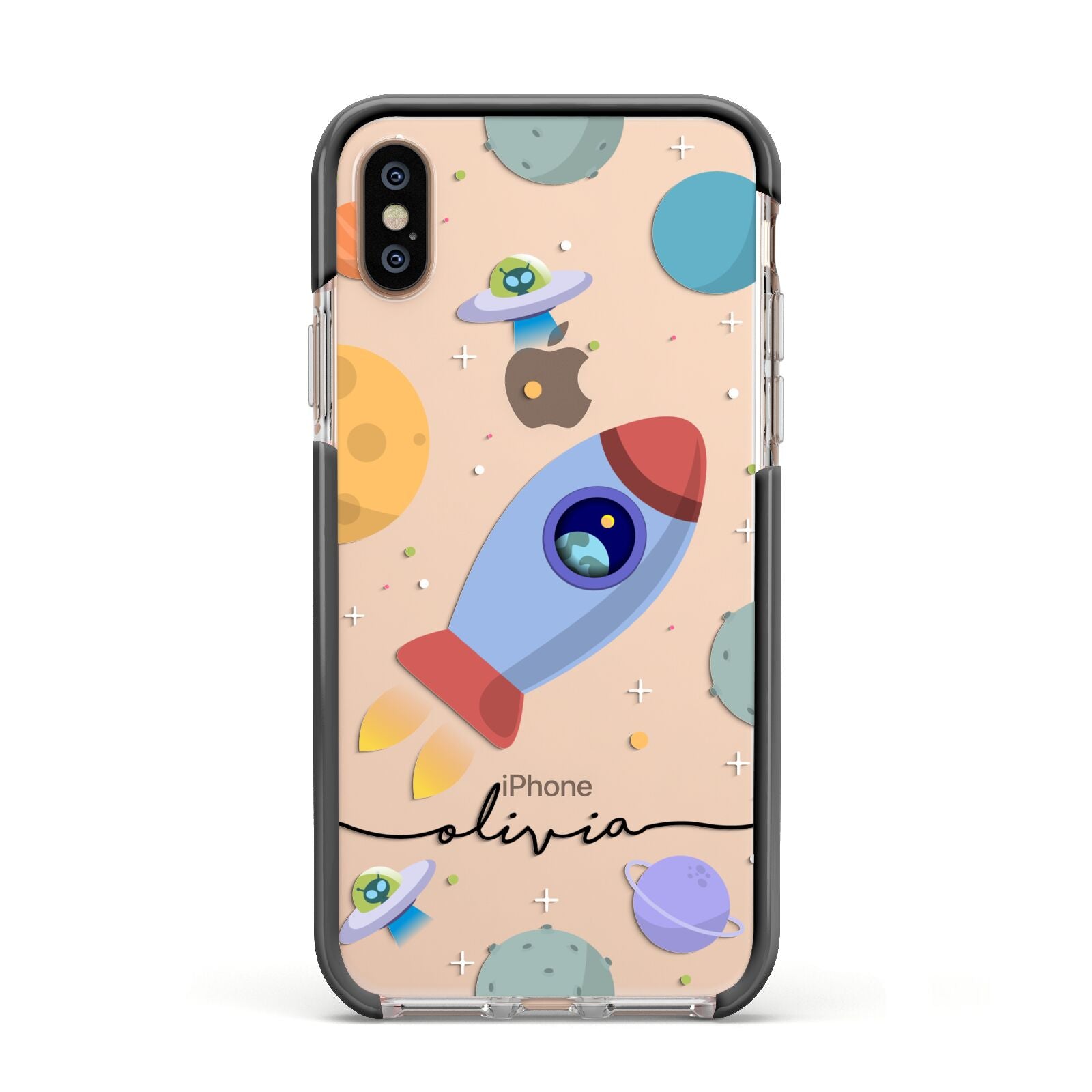 Cartoon Space Artwork with Name Apple iPhone Xs Impact Case Black Edge on Gold Phone