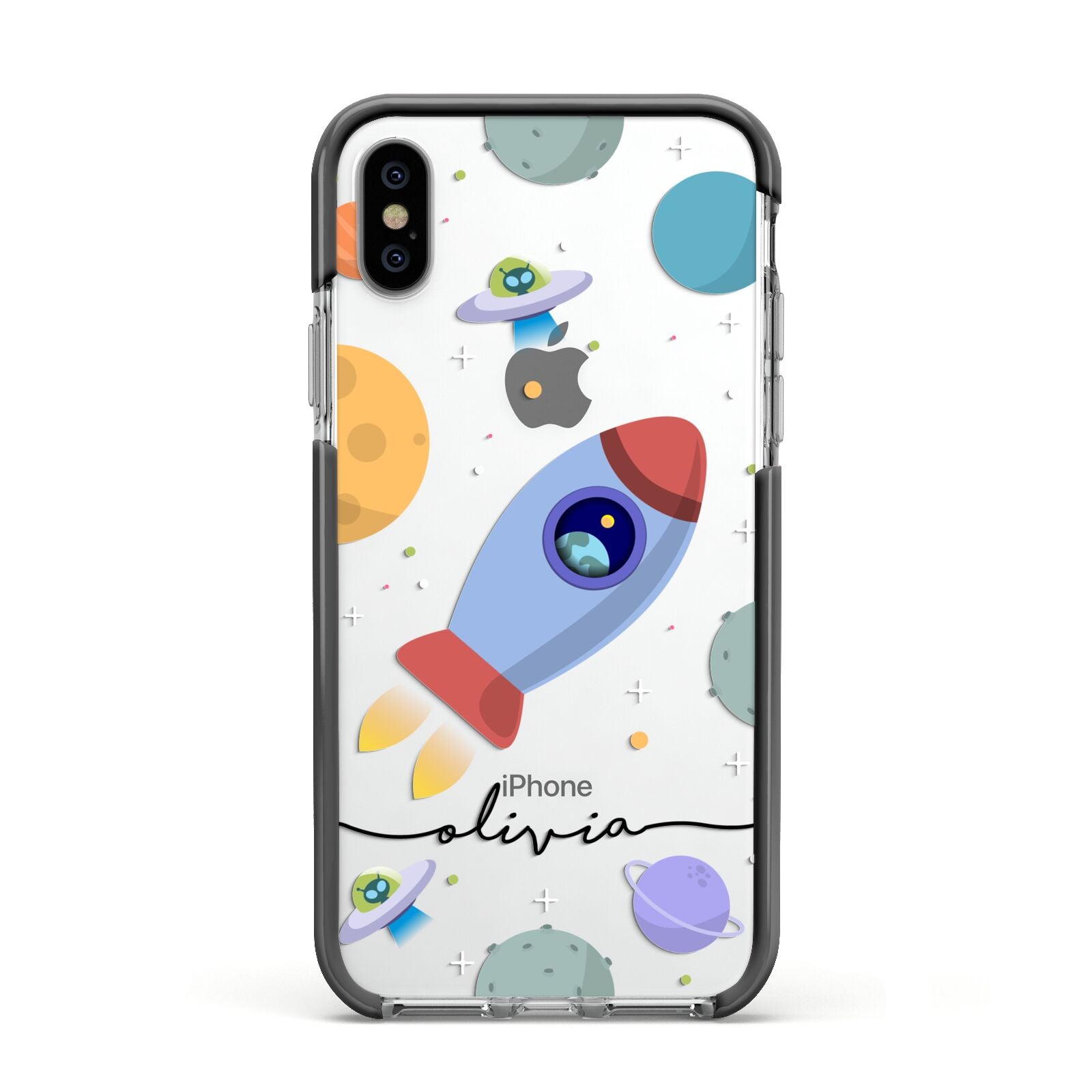 Cartoon Space Artwork with Name Apple iPhone Xs Impact Case Black Edge on Silver Phone
