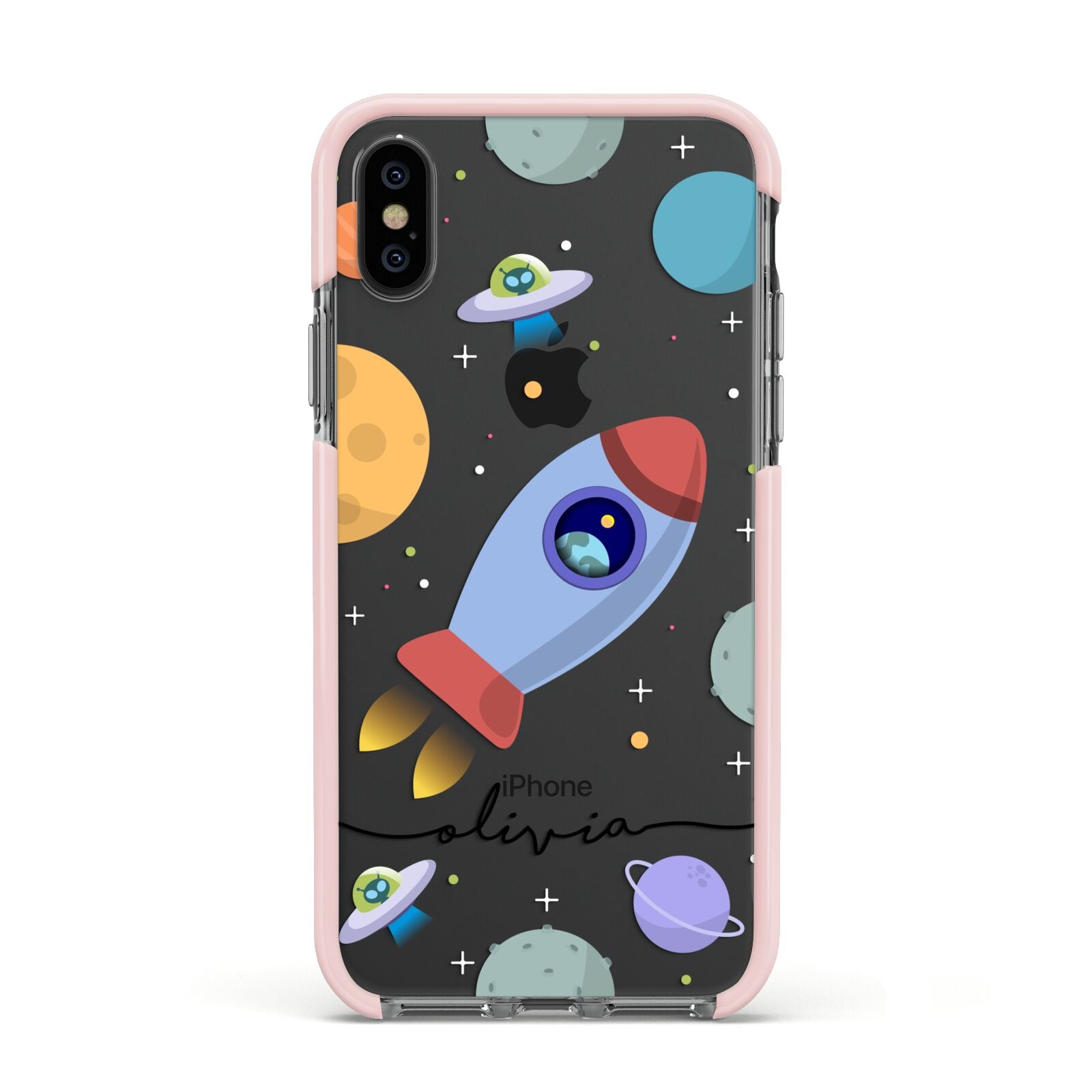 Cartoon Space Artwork with Name Apple iPhone Xs Impact Case Pink Edge on Black Phone