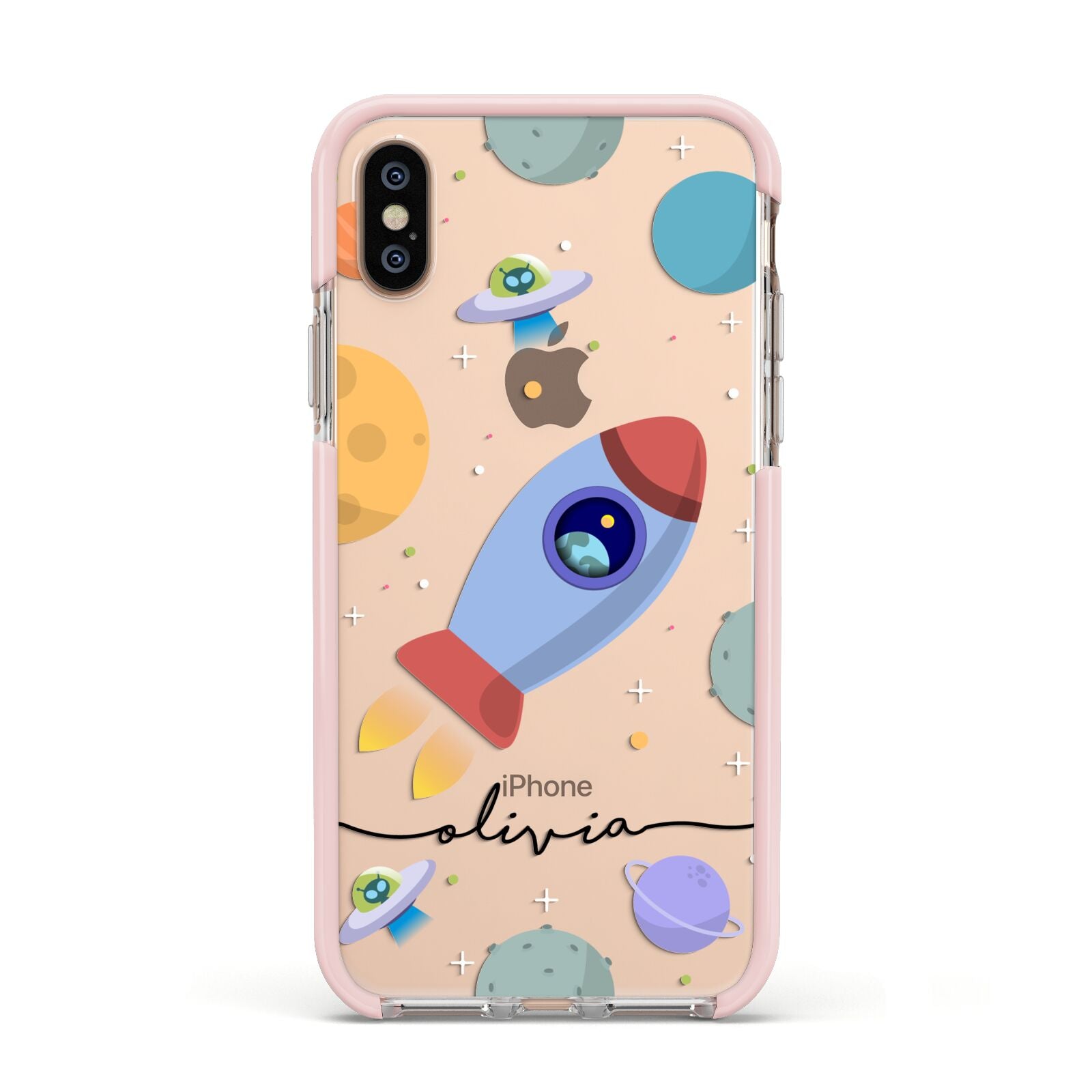 Cartoon Space Artwork with Name Apple iPhone Xs Impact Case Pink Edge on Gold Phone