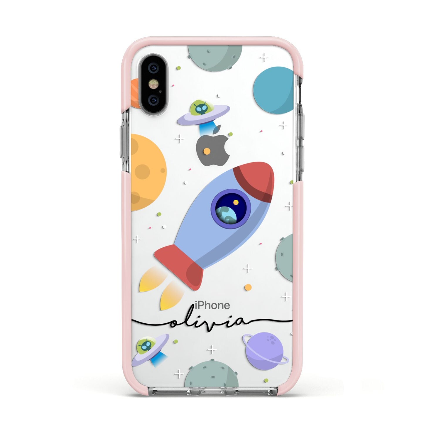 Cartoon Space Artwork with Name Apple iPhone Xs Impact Case Pink Edge on Silver Phone