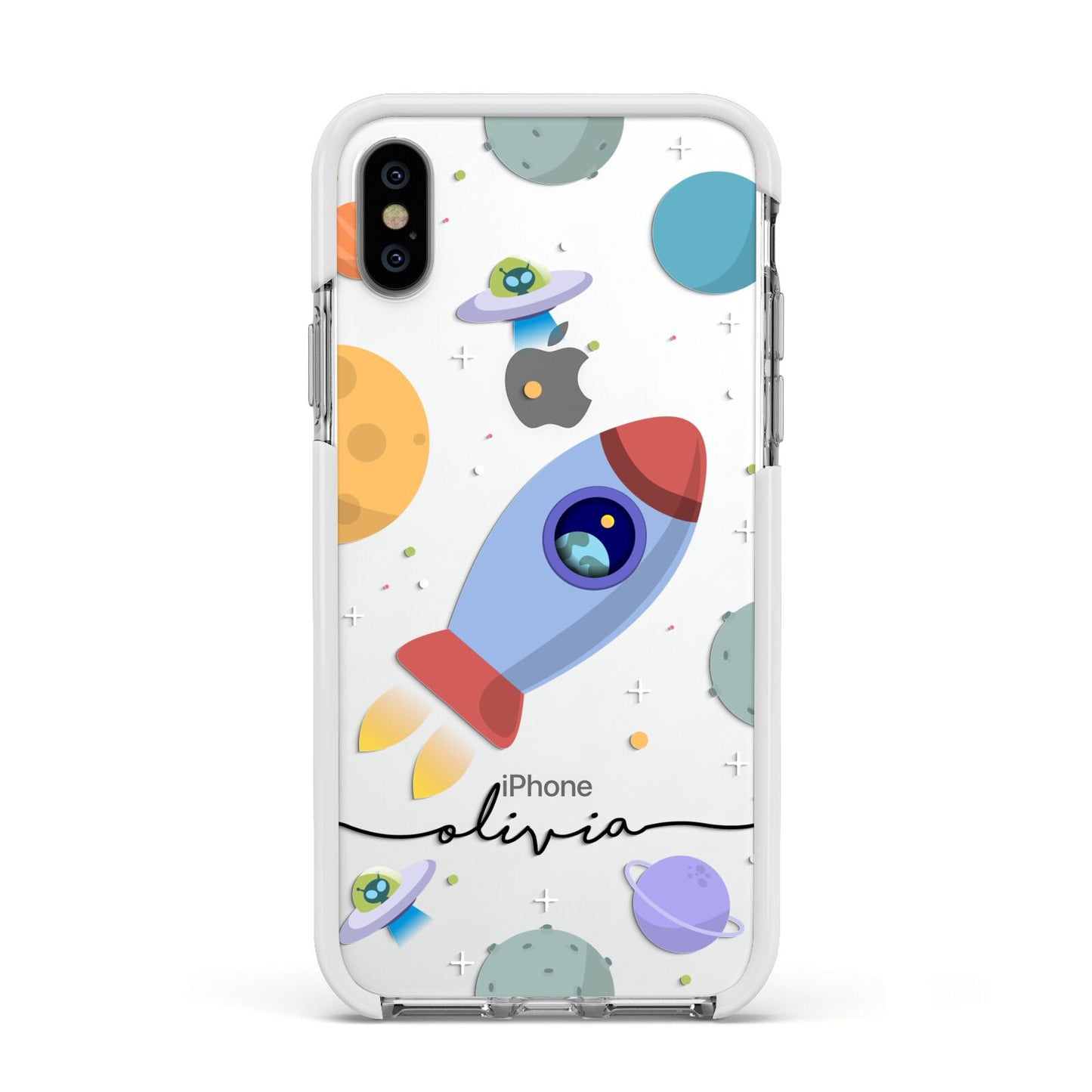 Cartoon Space Artwork with Name Apple iPhone Xs Impact Case White Edge on Silver Phone