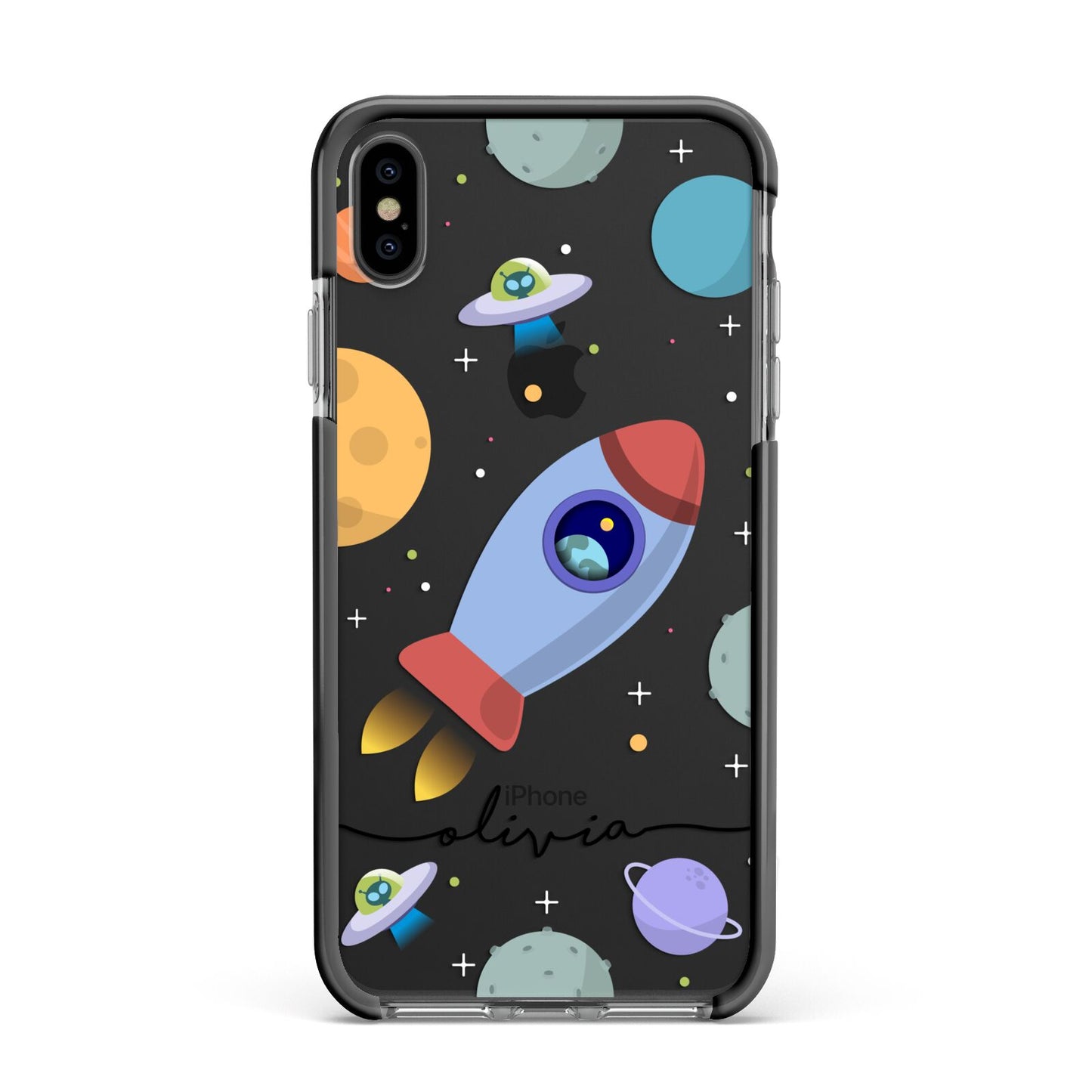 Cartoon Space Artwork with Name Apple iPhone Xs Max Impact Case Black Edge on Black Phone