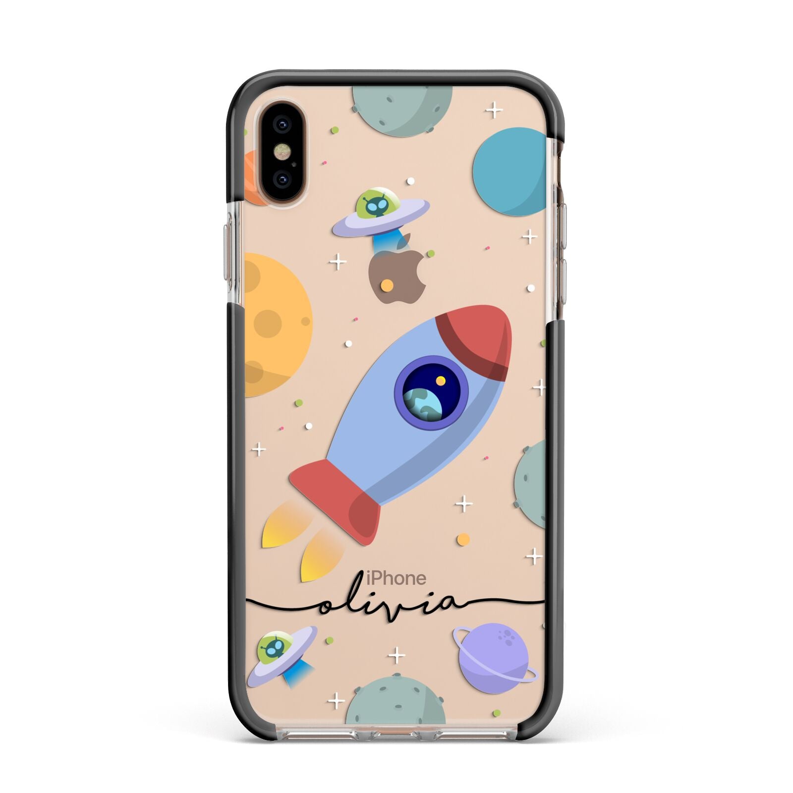 Cartoon Space Artwork with Name Apple iPhone Xs Max Impact Case Black Edge on Gold Phone