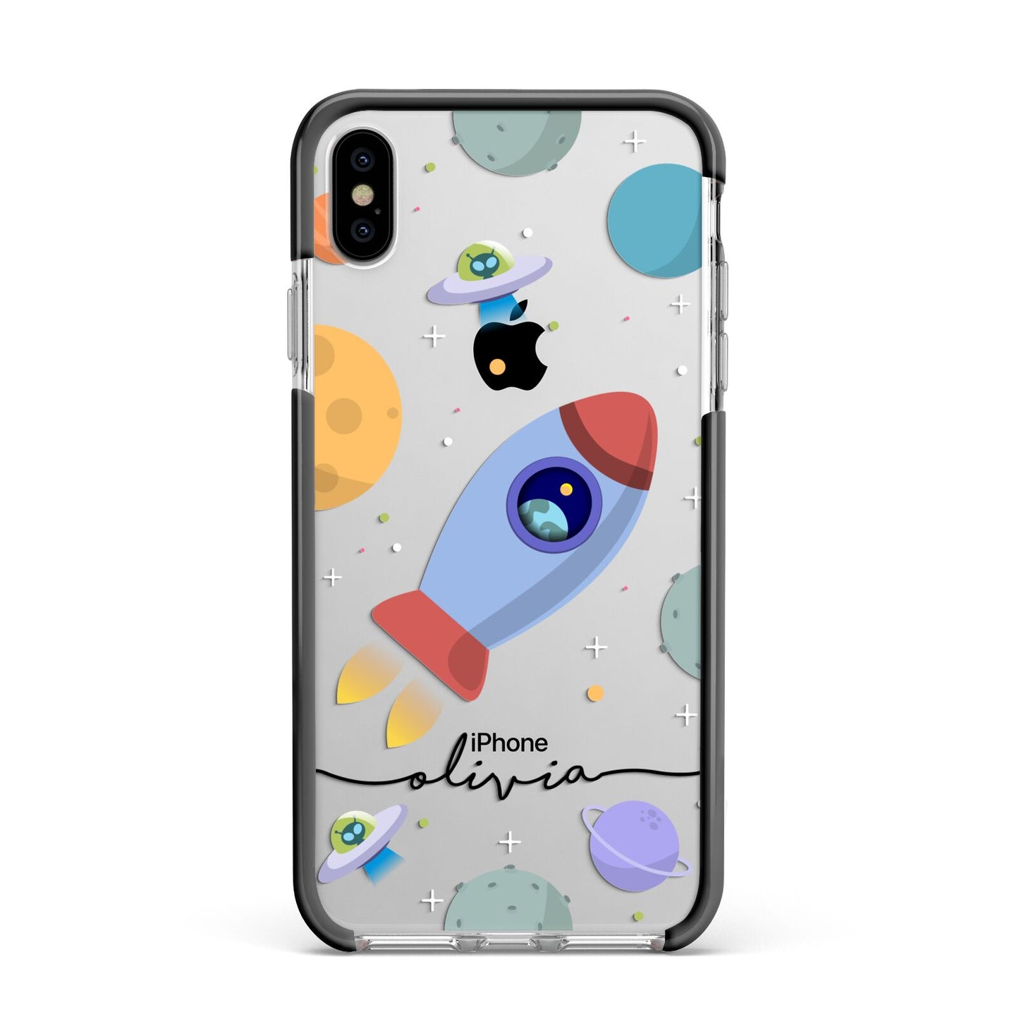 Cartoon Space Artwork with Name Apple iPhone Xs Max Impact Case Black Edge on Silver Phone
