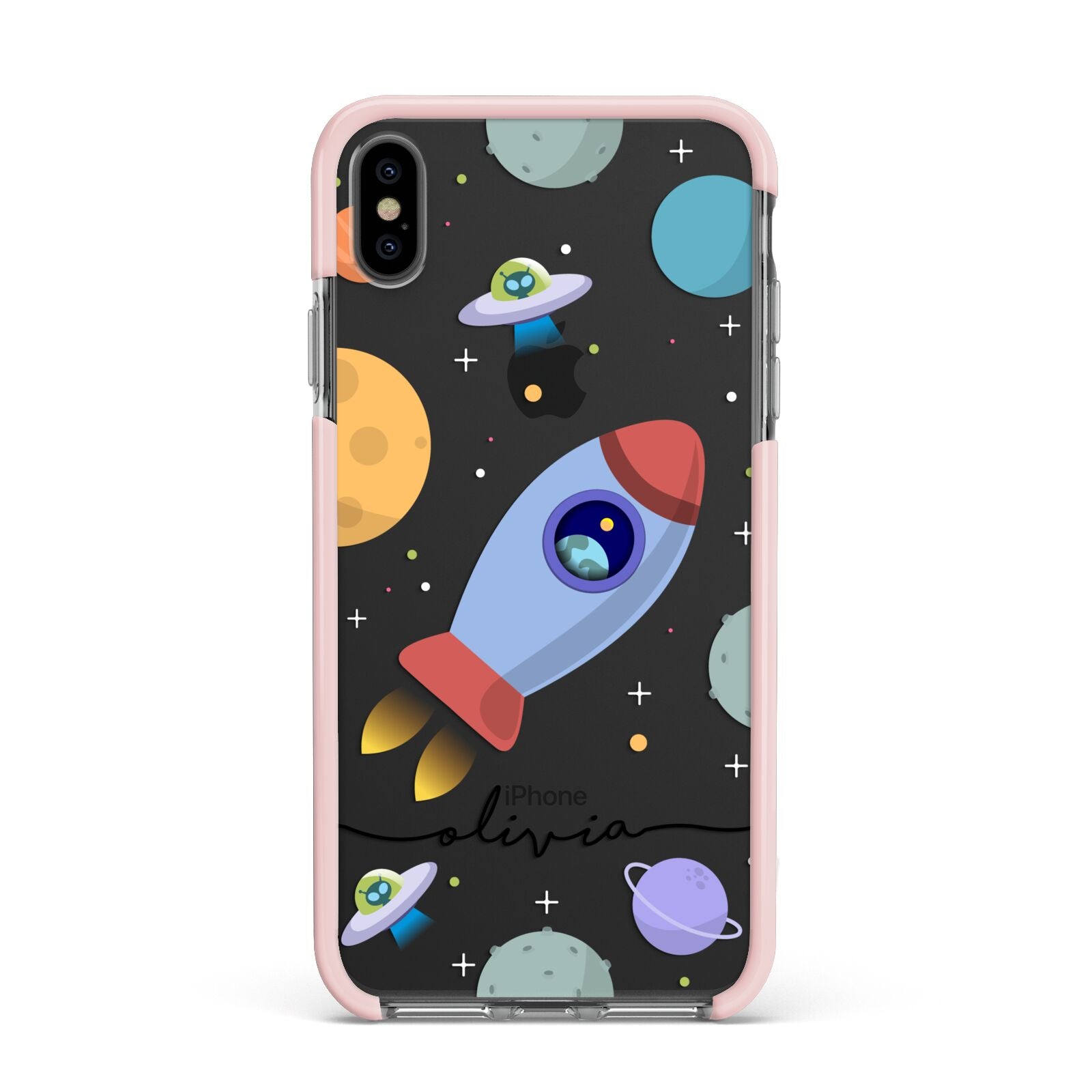 Cartoon Space Artwork with Name Apple iPhone Xs Max Impact Case Pink Edge on Black Phone