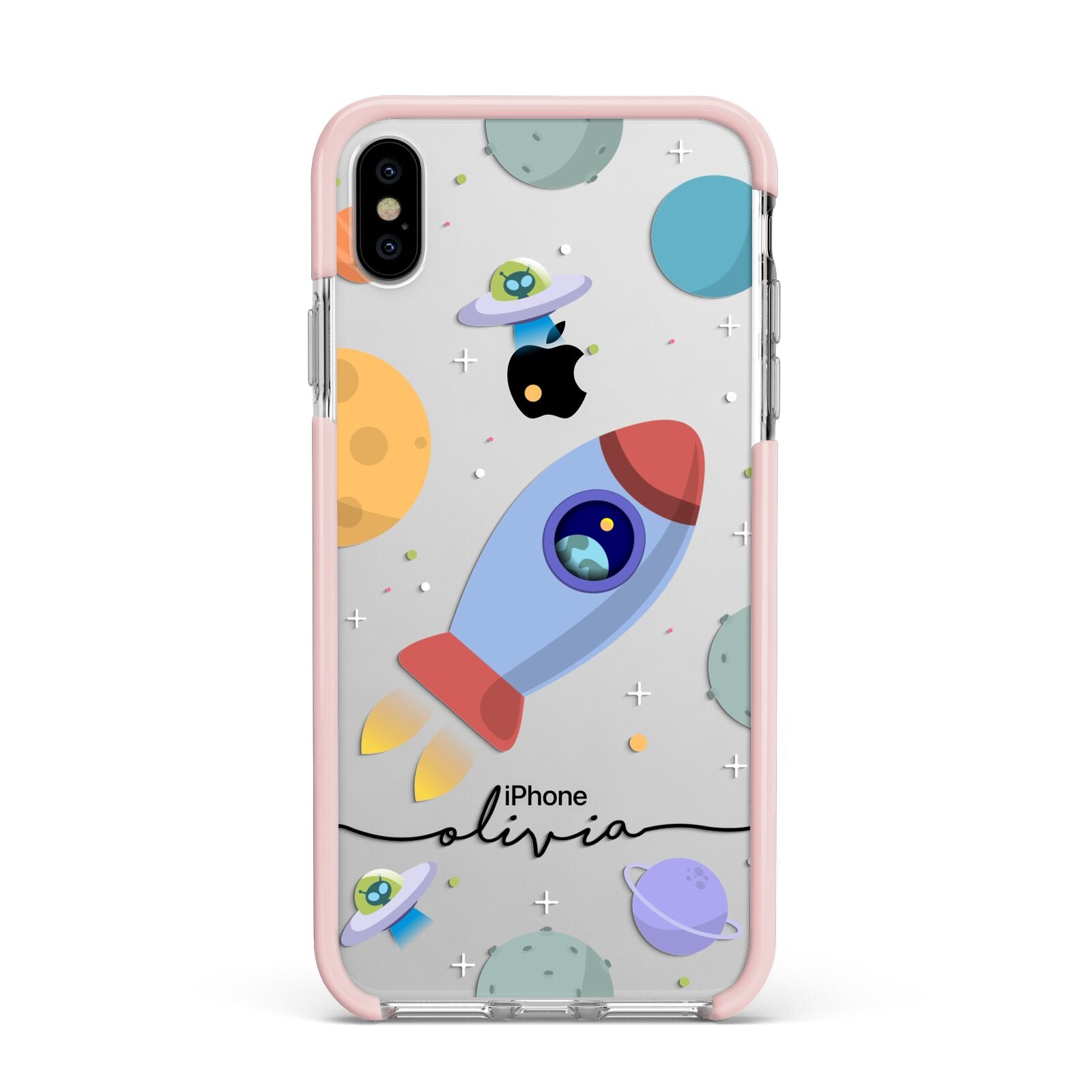 Cartoon Space Artwork with Name Apple iPhone Xs Max Impact Case Pink Edge on Silver Phone