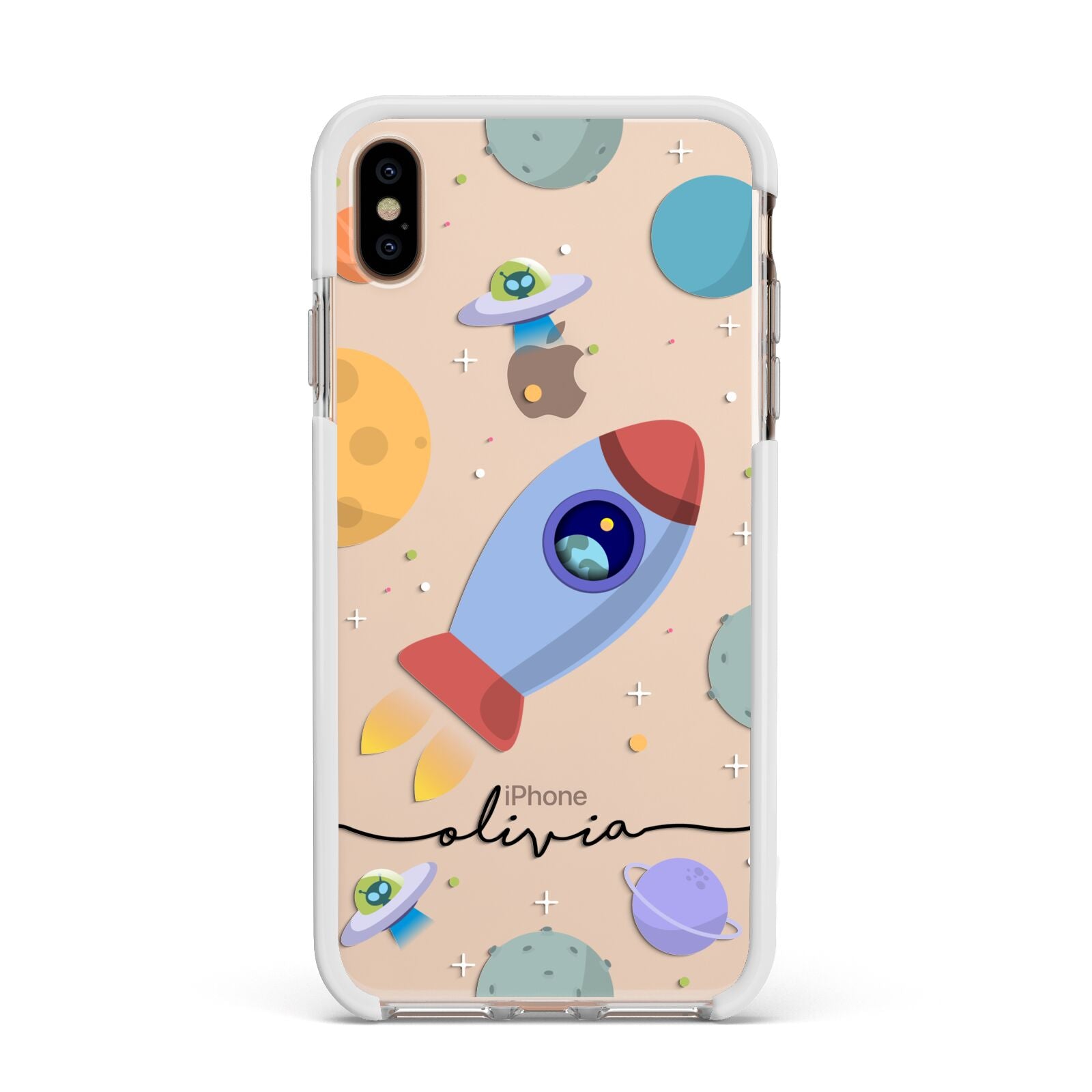 Cartoon Space Artwork with Name Apple iPhone Xs Max Impact Case White Edge on Gold Phone