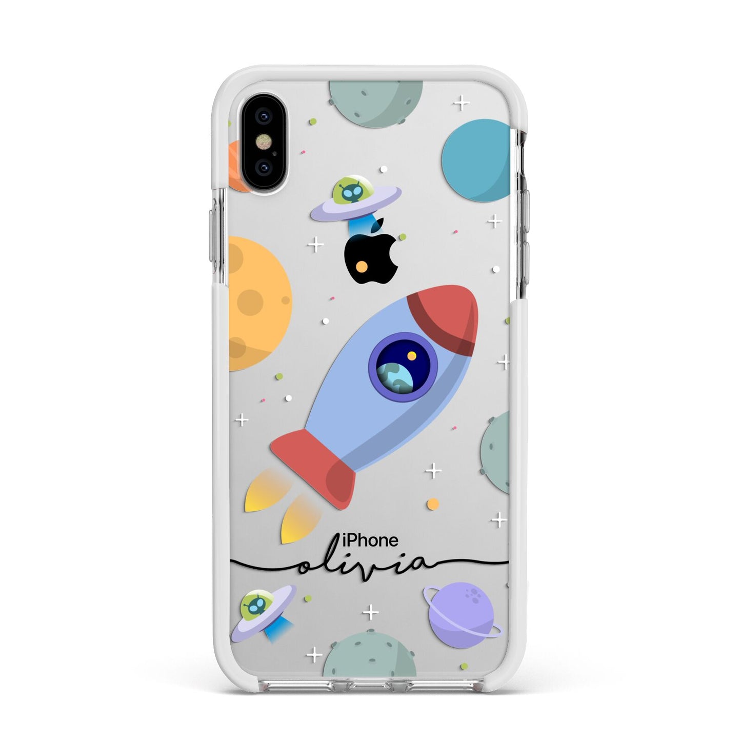 Cartoon Space Artwork with Name Apple iPhone Xs Max Impact Case White Edge on Silver Phone