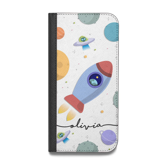 Cartoon Space Artwork with Name Vegan Leather Flip Samsung Case
