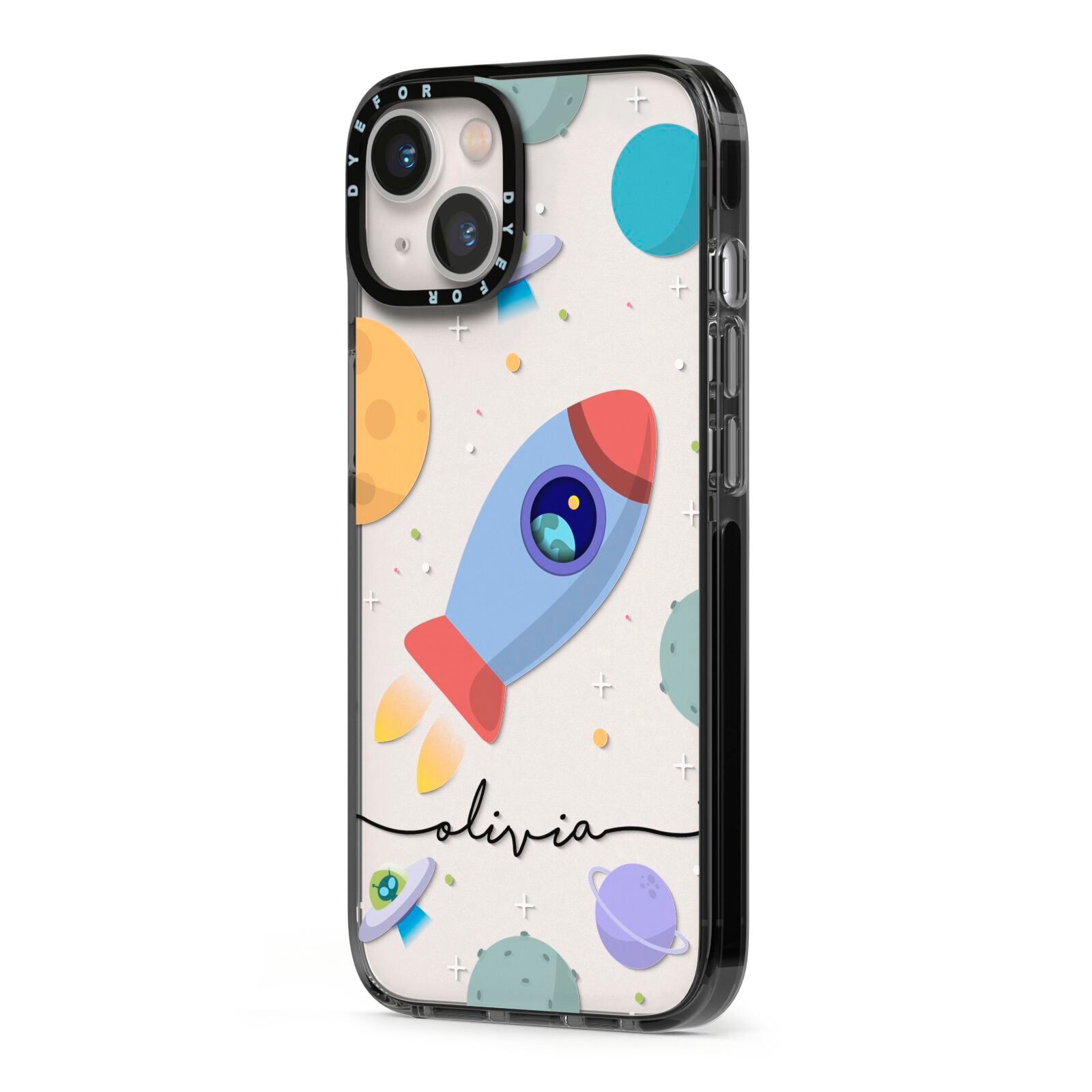 Cartoon Space Artwork with Name iPhone 13 Black Impact Case Side Angle on Silver phone