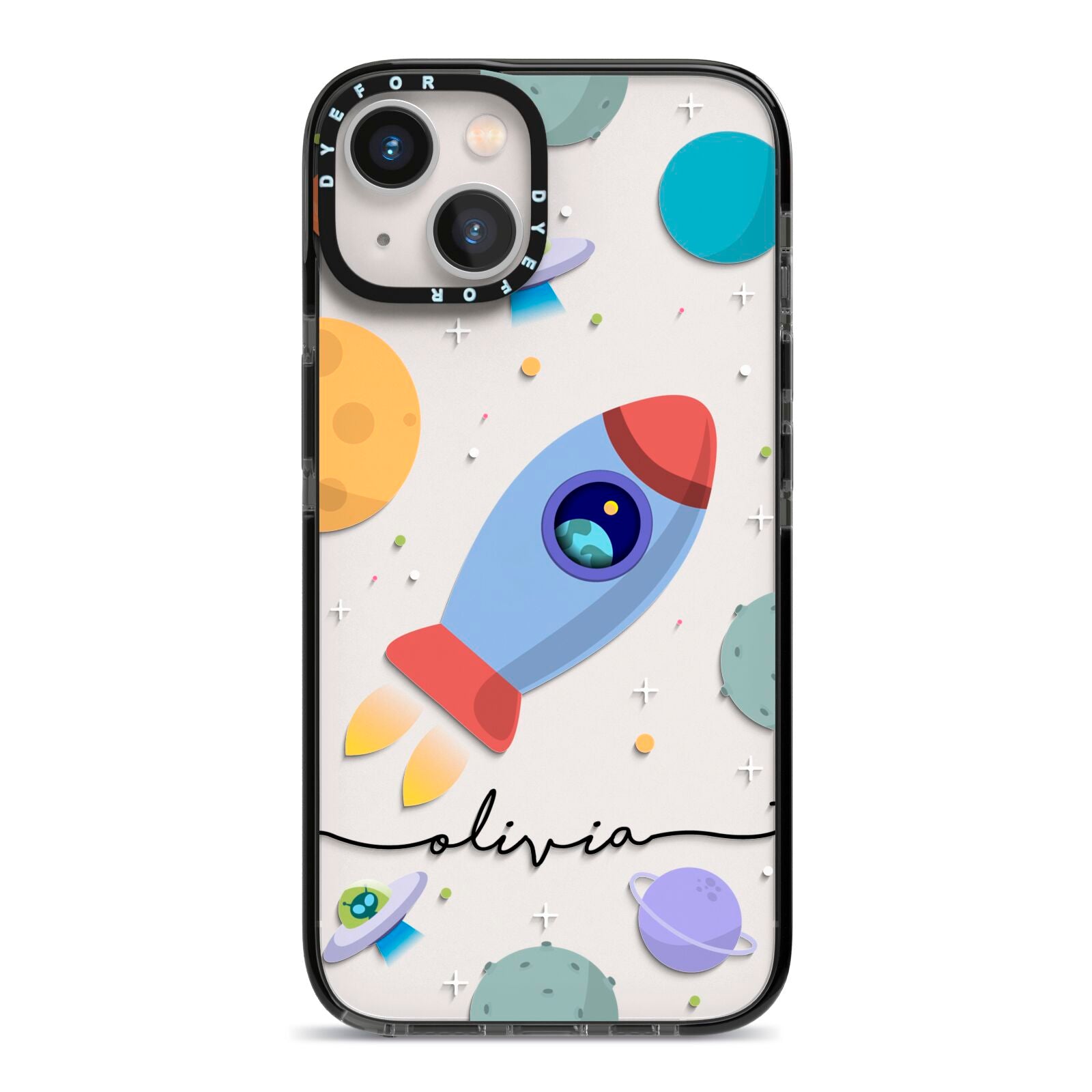 Cartoon Space Artwork with Name iPhone 13 Black Impact Case on Silver phone