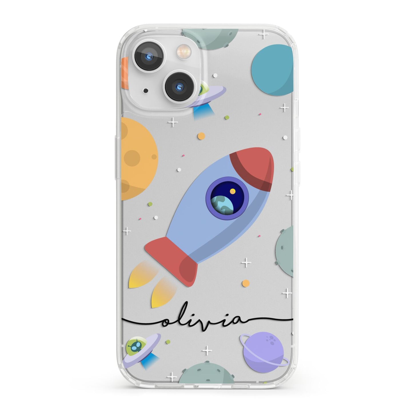 Cartoon Space Artwork with Name iPhone 13 Clear Bumper Case