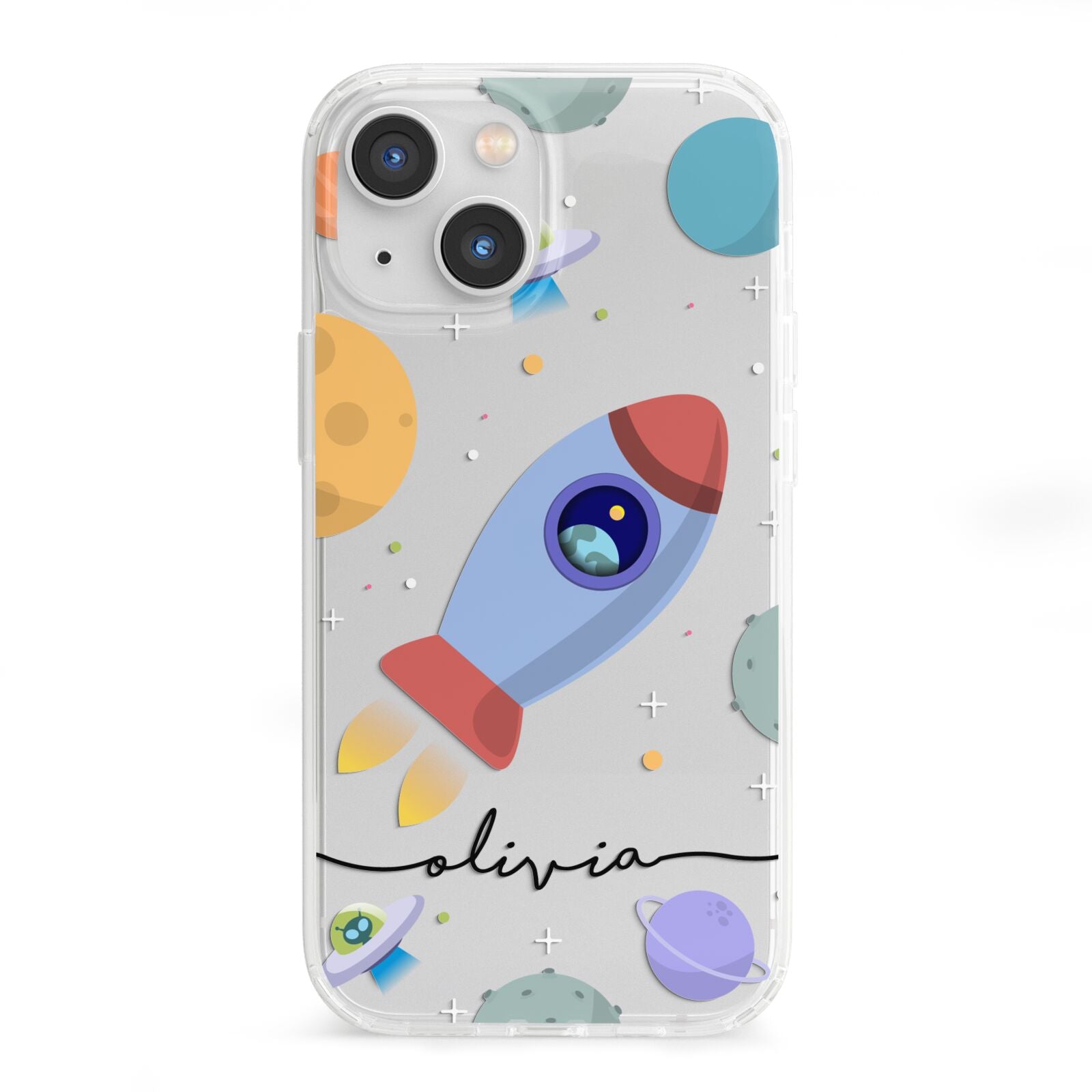 Cartoon Space Artwork with Name iPhone 13 Mini Clear Bumper Case
