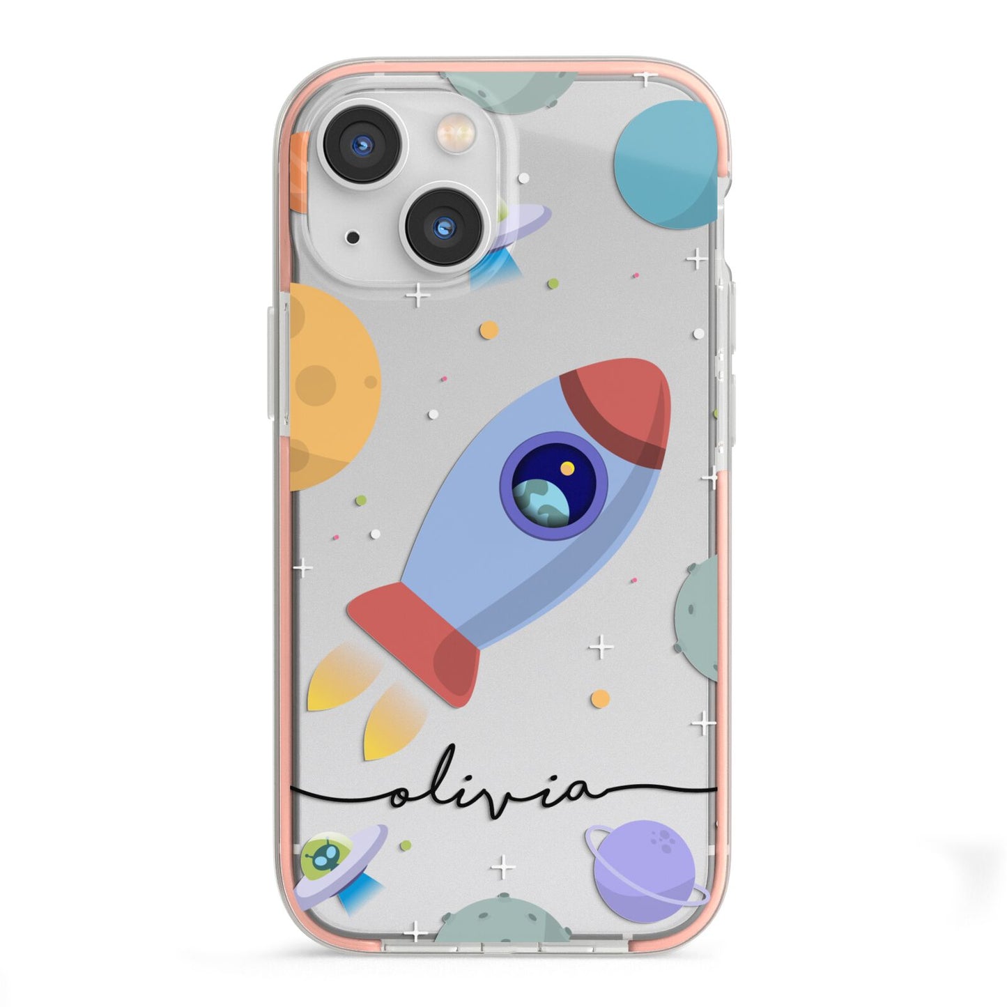 Cartoon Space Artwork with Name iPhone 13 Mini TPU Impact Case with Pink Edges
