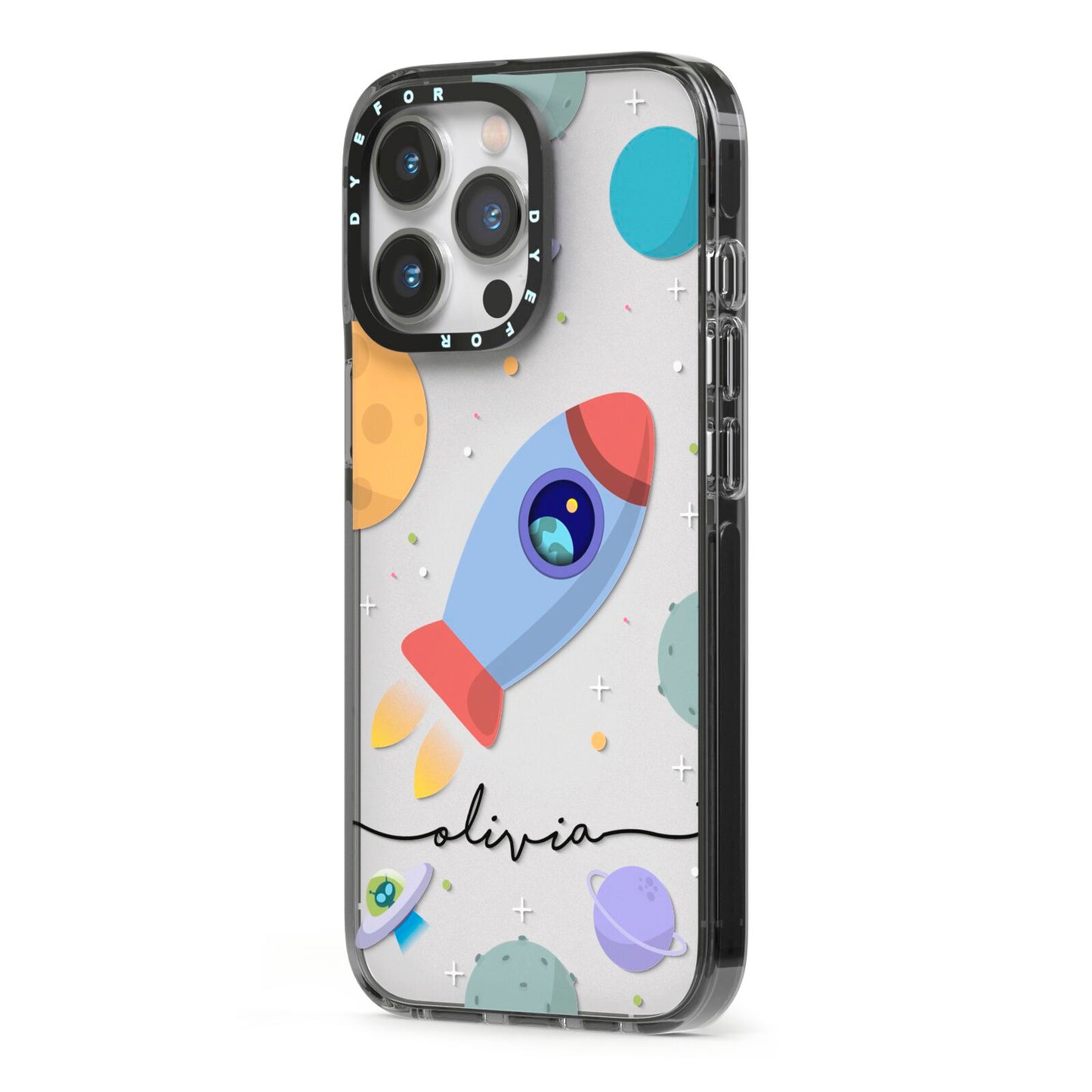 Cartoon Space Artwork with Name iPhone 13 Pro Black Impact Case Side Angle on Silver phone