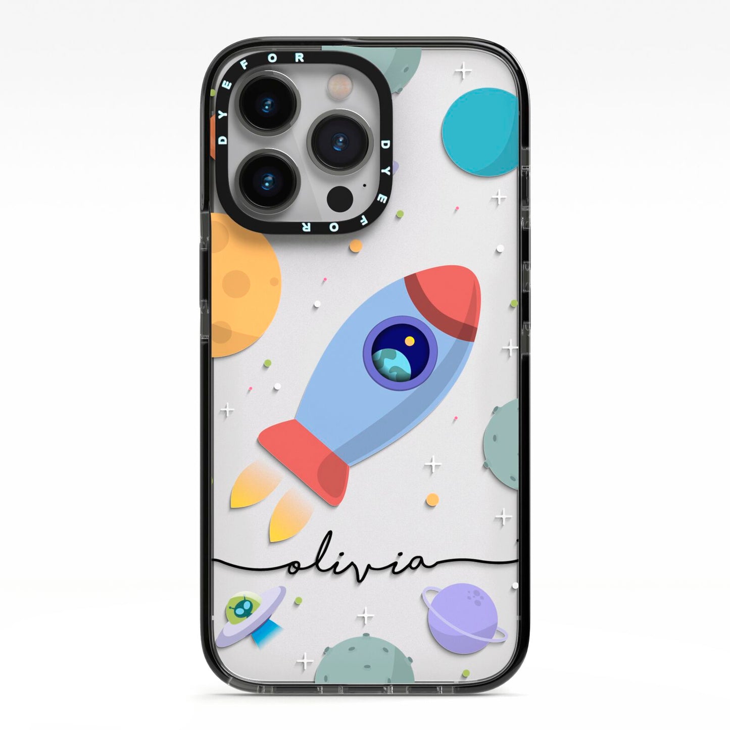 Cartoon Space Artwork with Name iPhone 13 Pro Black Impact Case on Silver phone