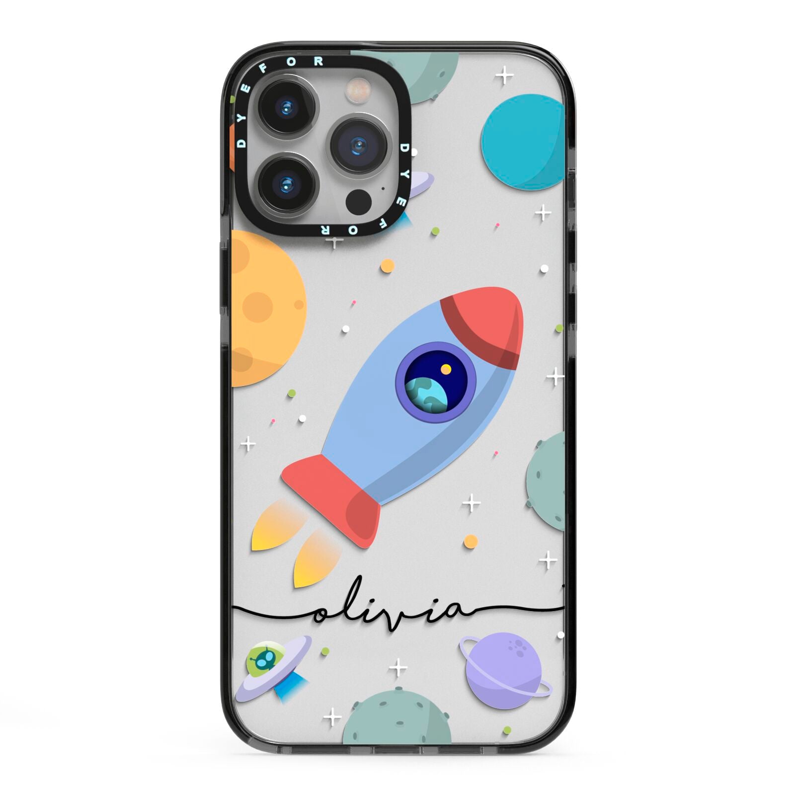 Cartoon Space Artwork with Name iPhone 13 Pro Max Black Impact Case on Silver phone