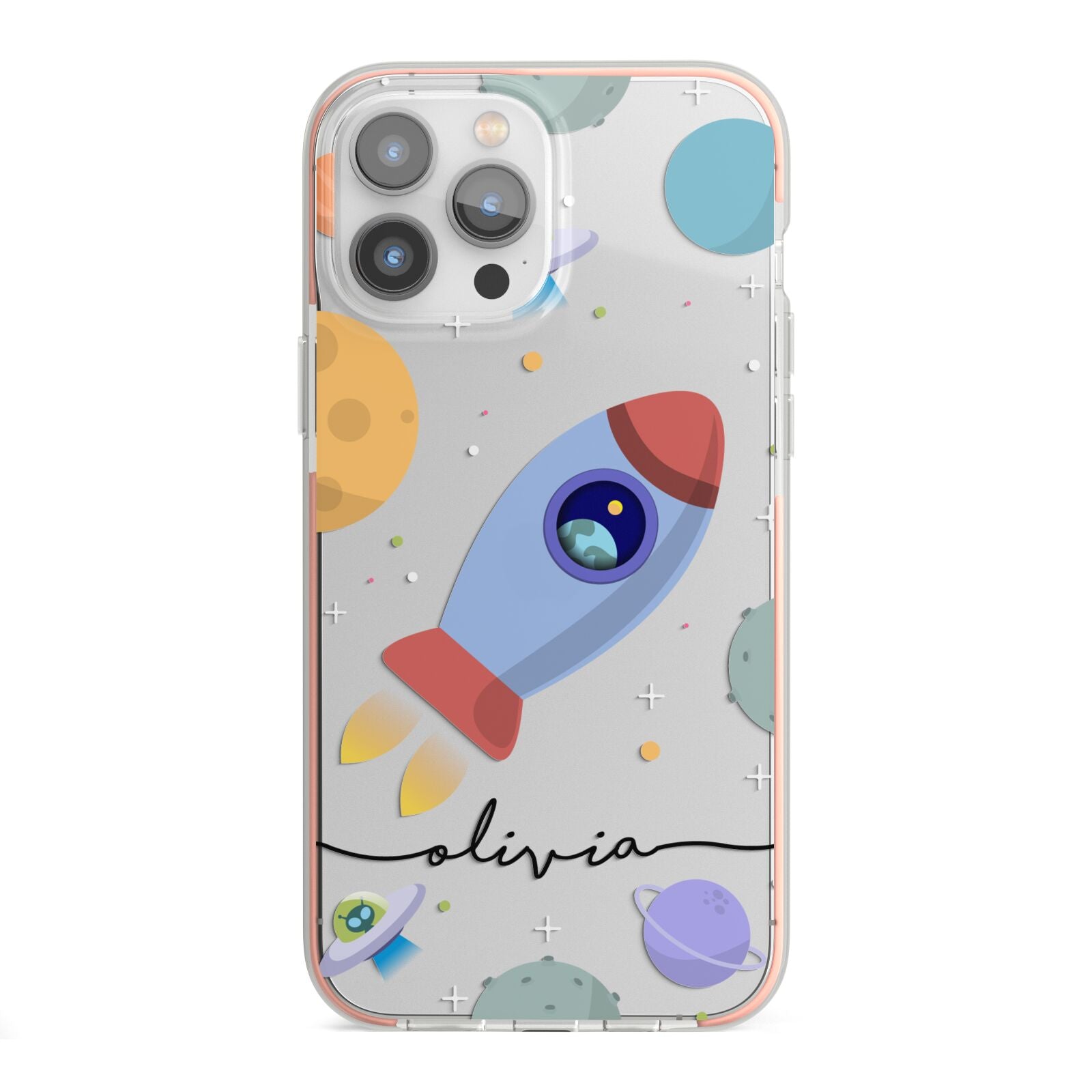 Cartoon Space Artwork with Name iPhone 13 Pro Max TPU Impact Case with Pink Edges