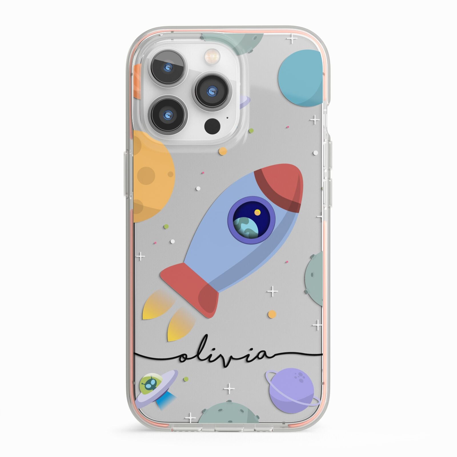 Cartoon Space Artwork with Name iPhone 13 Pro TPU Impact Case with Pink Edges