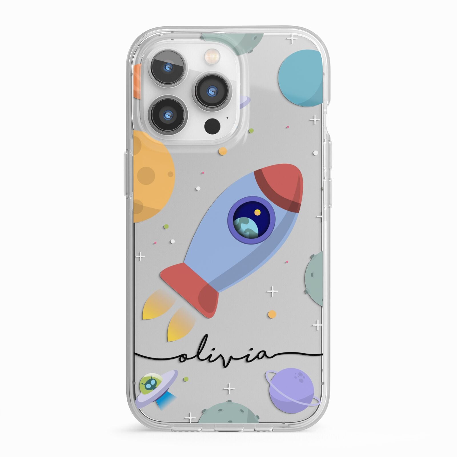 Cartoon Space Artwork with Name iPhone 13 Pro TPU Impact Case with White Edges