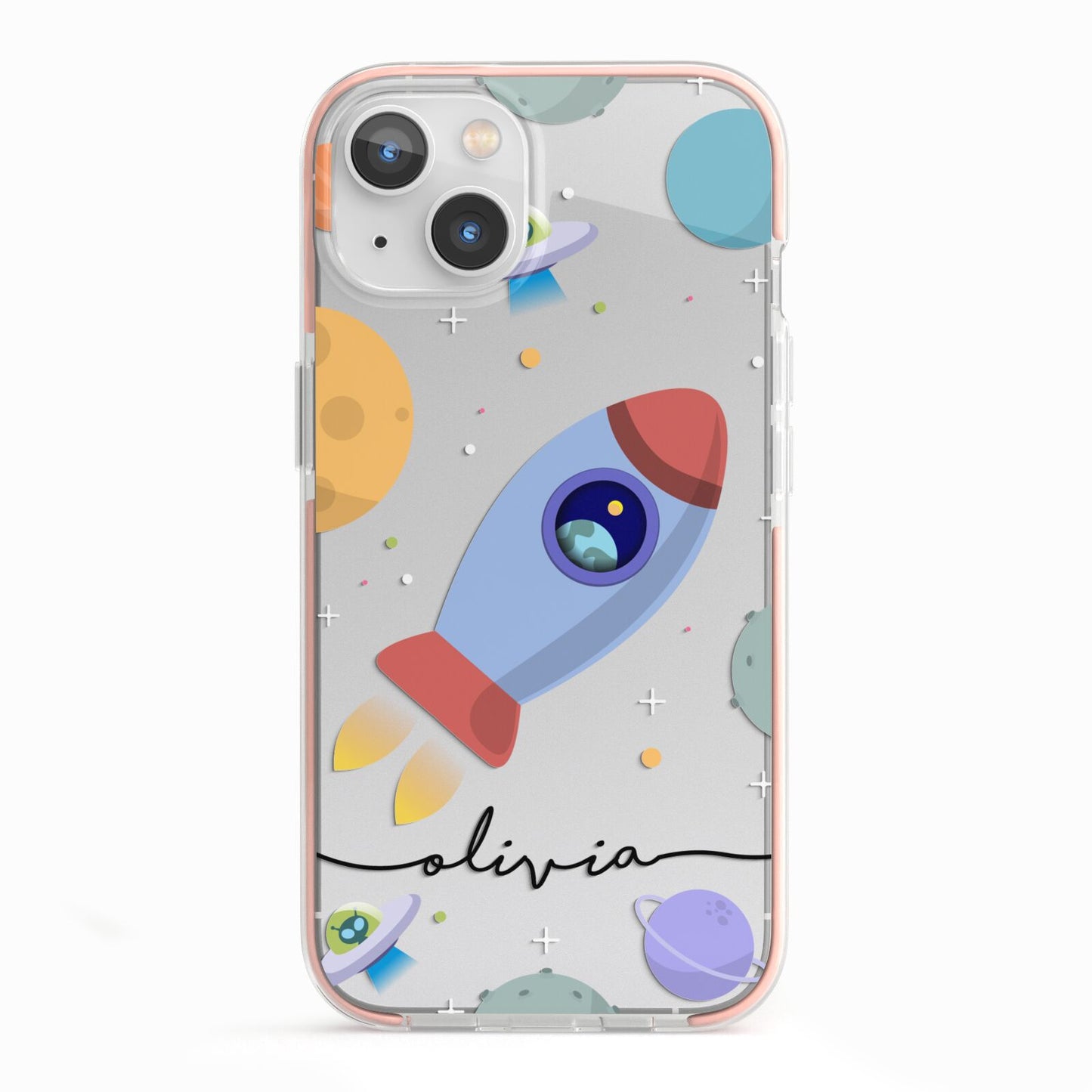 Cartoon Space Artwork with Name iPhone 13 TPU Impact Case with Pink Edges