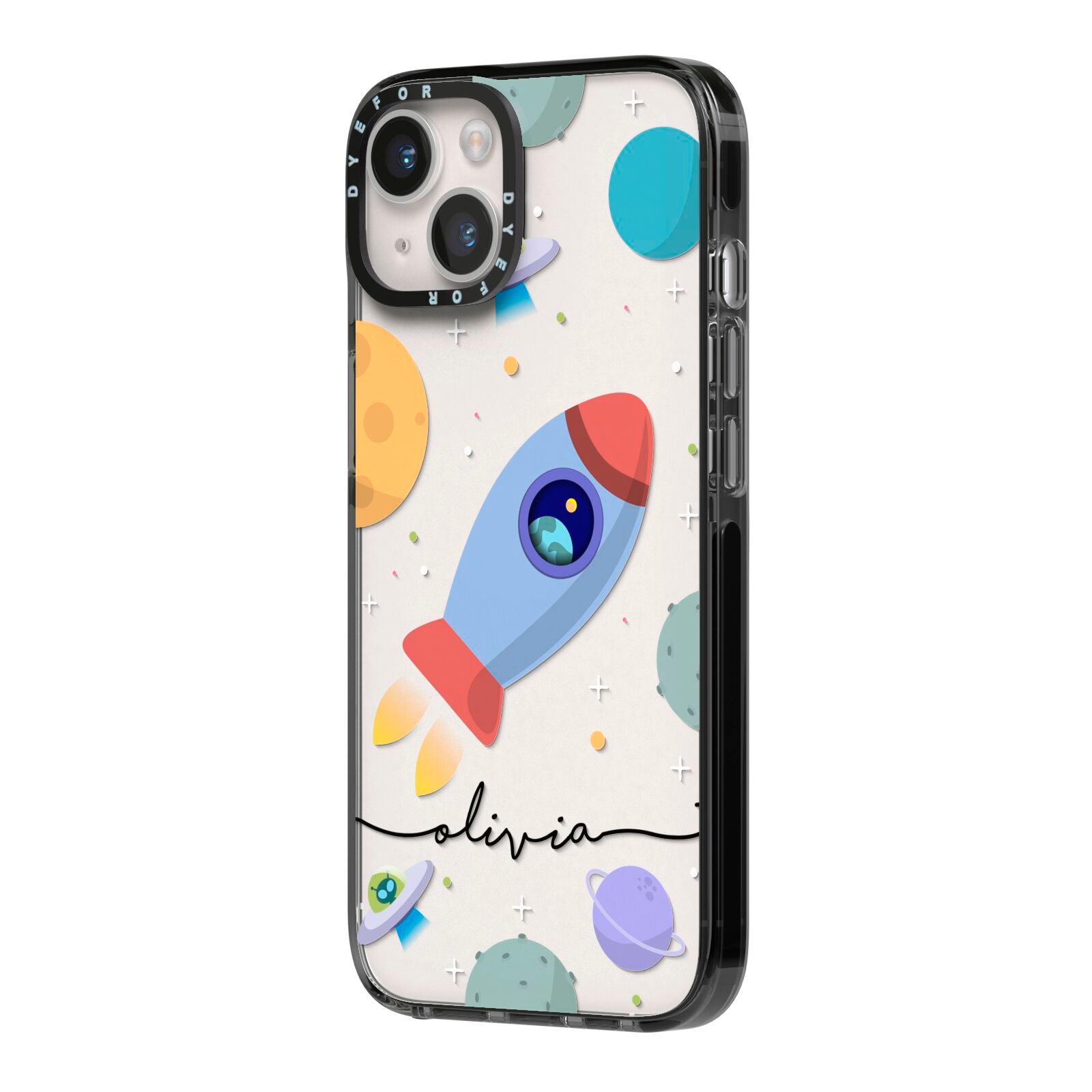 Cartoon Space Artwork with Name iPhone 14 Black Impact Case Side Angle on Silver phone