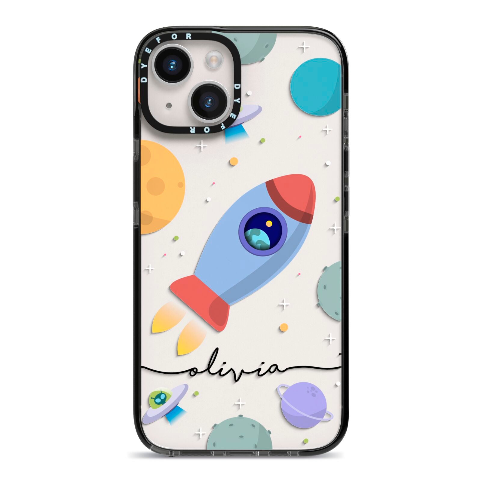 Cartoon Space Artwork with Name iPhone 14 Black Impact Case on Silver phone