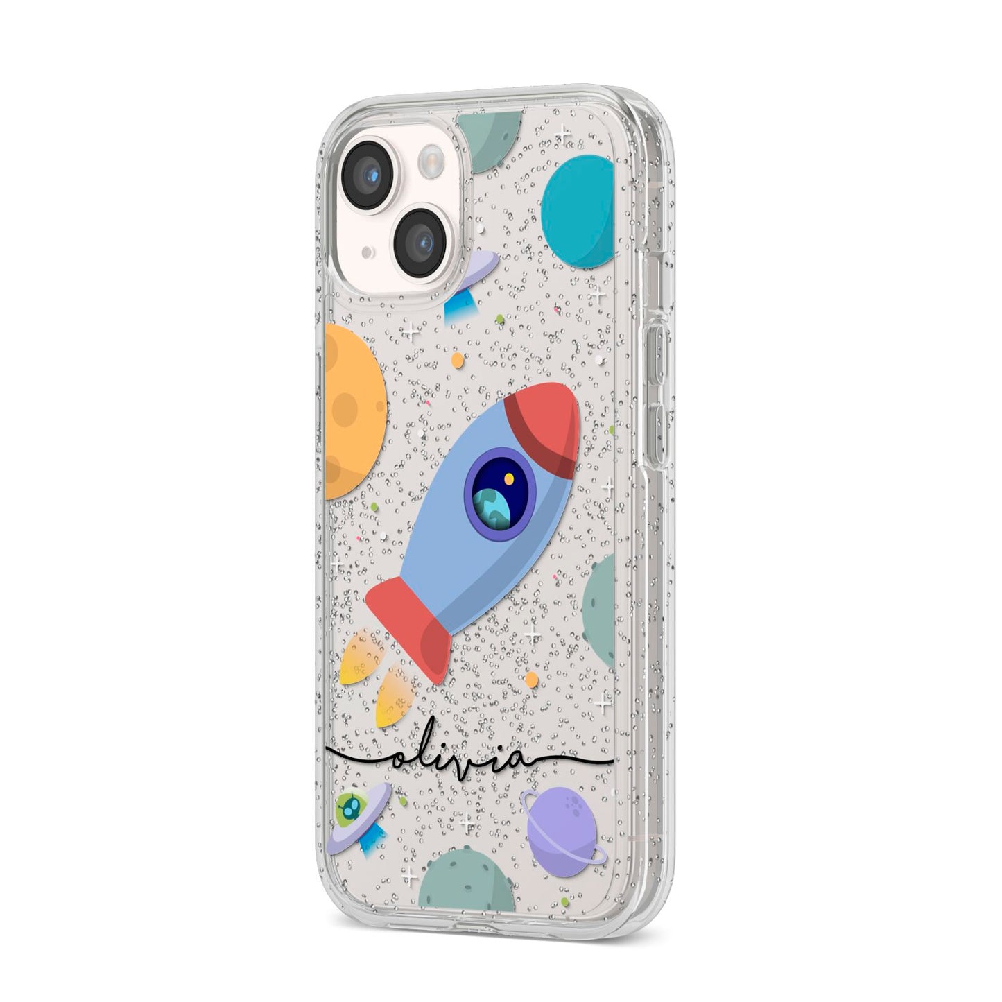 Cartoon Space Artwork with Name iPhone 14 Glitter Tough Case Starlight Angled Image