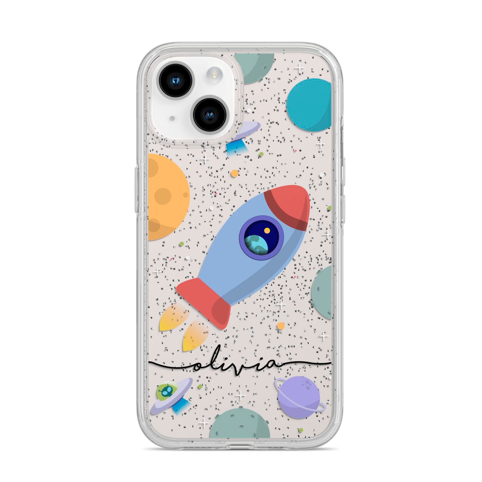 Cartoon Space Artwork with Name iPhone 14 Glitter Tough Case Starlight