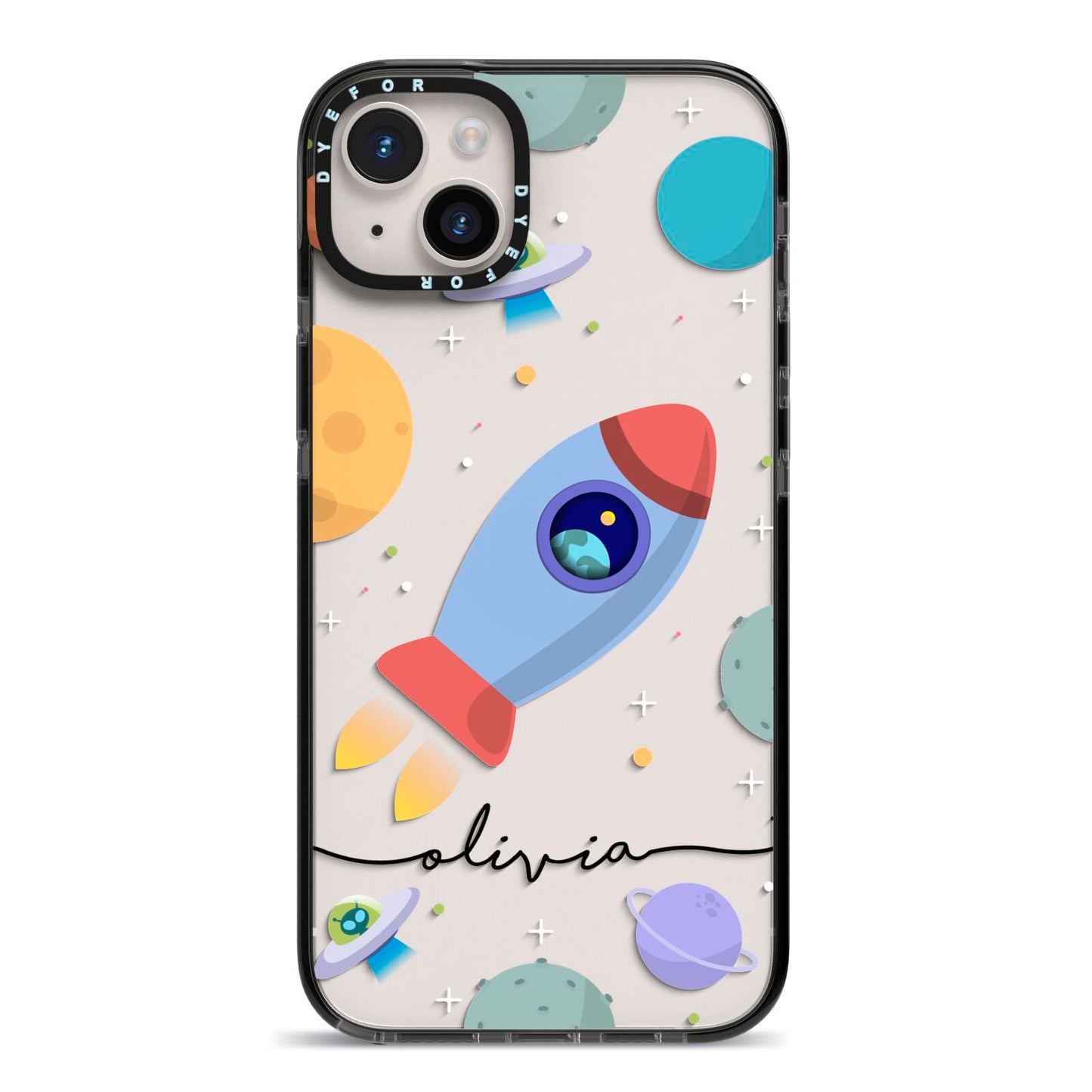 Cartoon Space Artwork with Name iPhone 14 Plus Black Impact Case on Silver phone