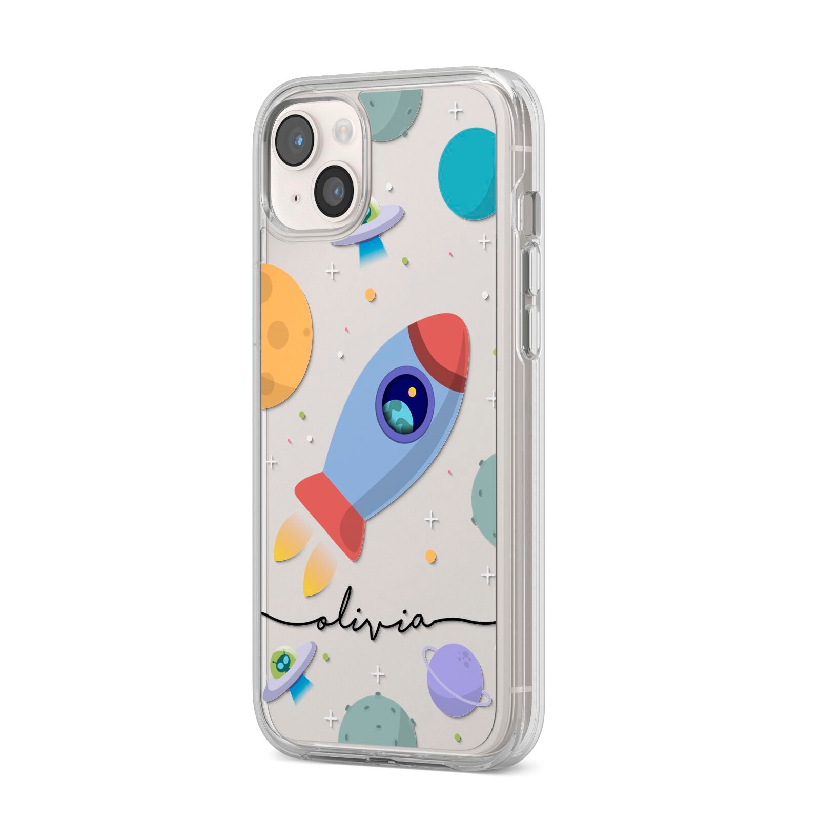 Cartoon Space Artwork with Name iPhone 14 Plus Clear Tough Case Starlight Angled Image