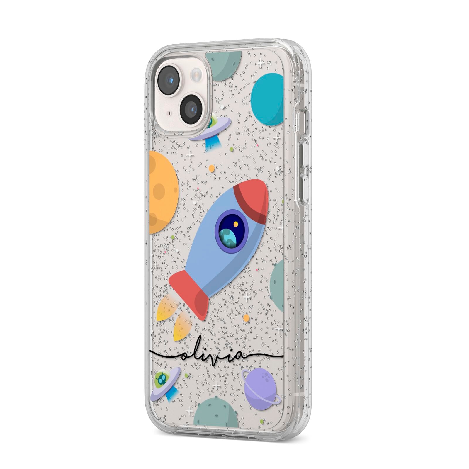 Cartoon Space Artwork with Name iPhone 14 Plus Glitter Tough Case Starlight Angled Image